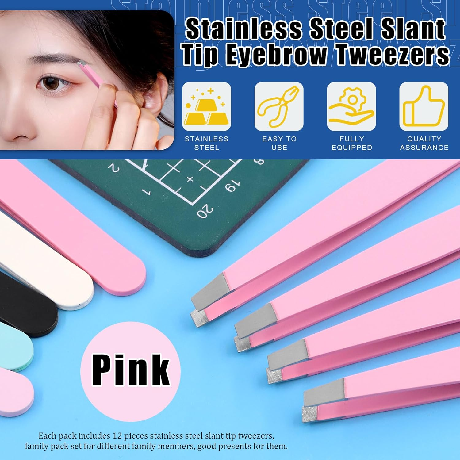Glarks 12Pcs Pink Eyebrow Tweezers Stainless Steel Slanted Tip Tweezers Professional Facial Hair Eyebrow Precision Tweezers for Men and Women image number 2