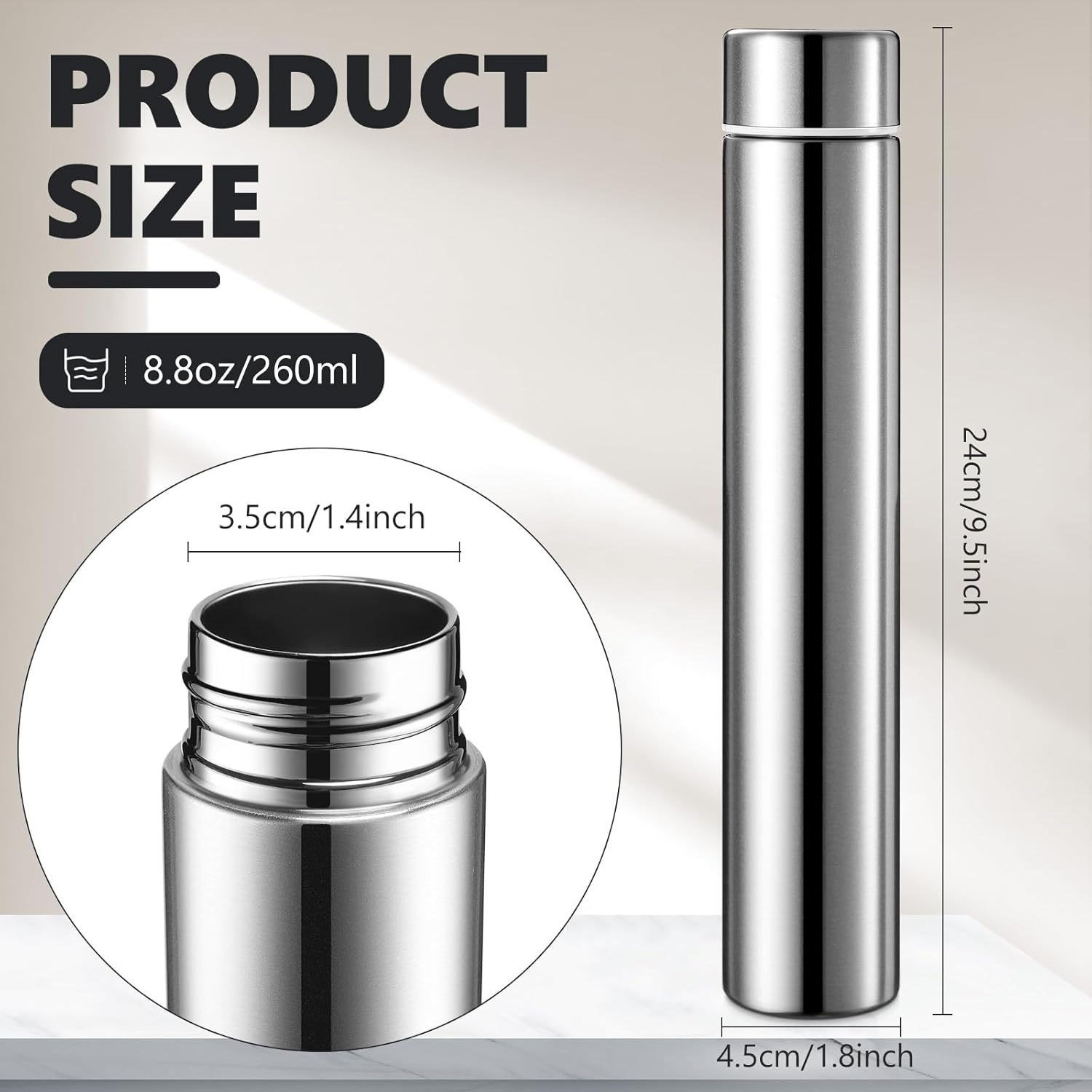 Vesici Slim Water Bottle 8.8 Oz Small Stainless Steel Purse Compact Insulated Water Bottles Camping Travel Backpack Pocket Flask for Car Cold Coffee Tea(Silver,2 Pack) - Silver image number 2