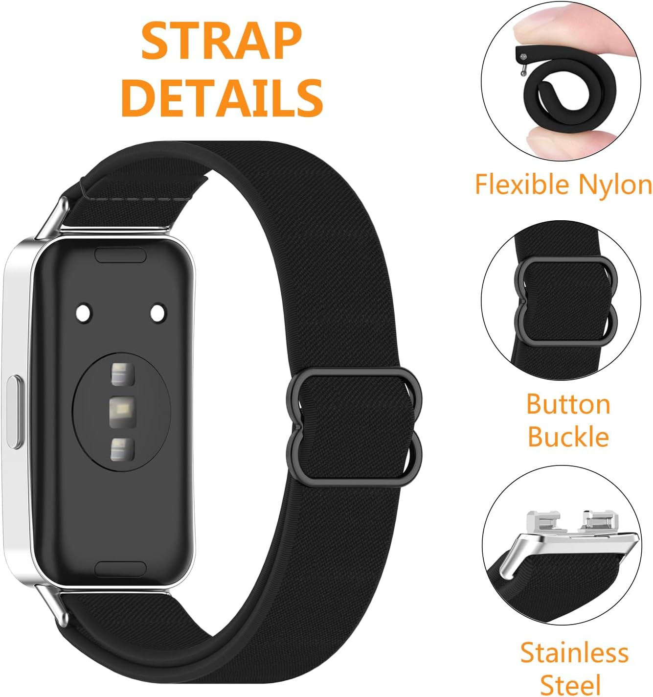 HOMTERN Straps Compatible with Huawei Band 10/Band 10 NFC, Band 9/Band 9 Nfc,Band 8/Band 8 NFC, Flexible Nylon Durable Smartwatch Watch Replacement Bands for Women and Man,Black, One Size, Nylon