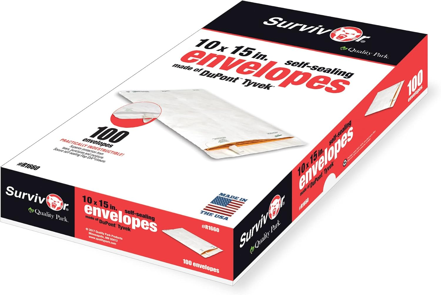 Quality Park QUAR1660 Survivor 10 X 15 Tyvek Catalog Mailer with Self Sealing Closure, 14 Lb Puncture, Tear and Moisture Resistant Dupont Tyvek Envelopes, 100 per Box (R1660),White image number 3