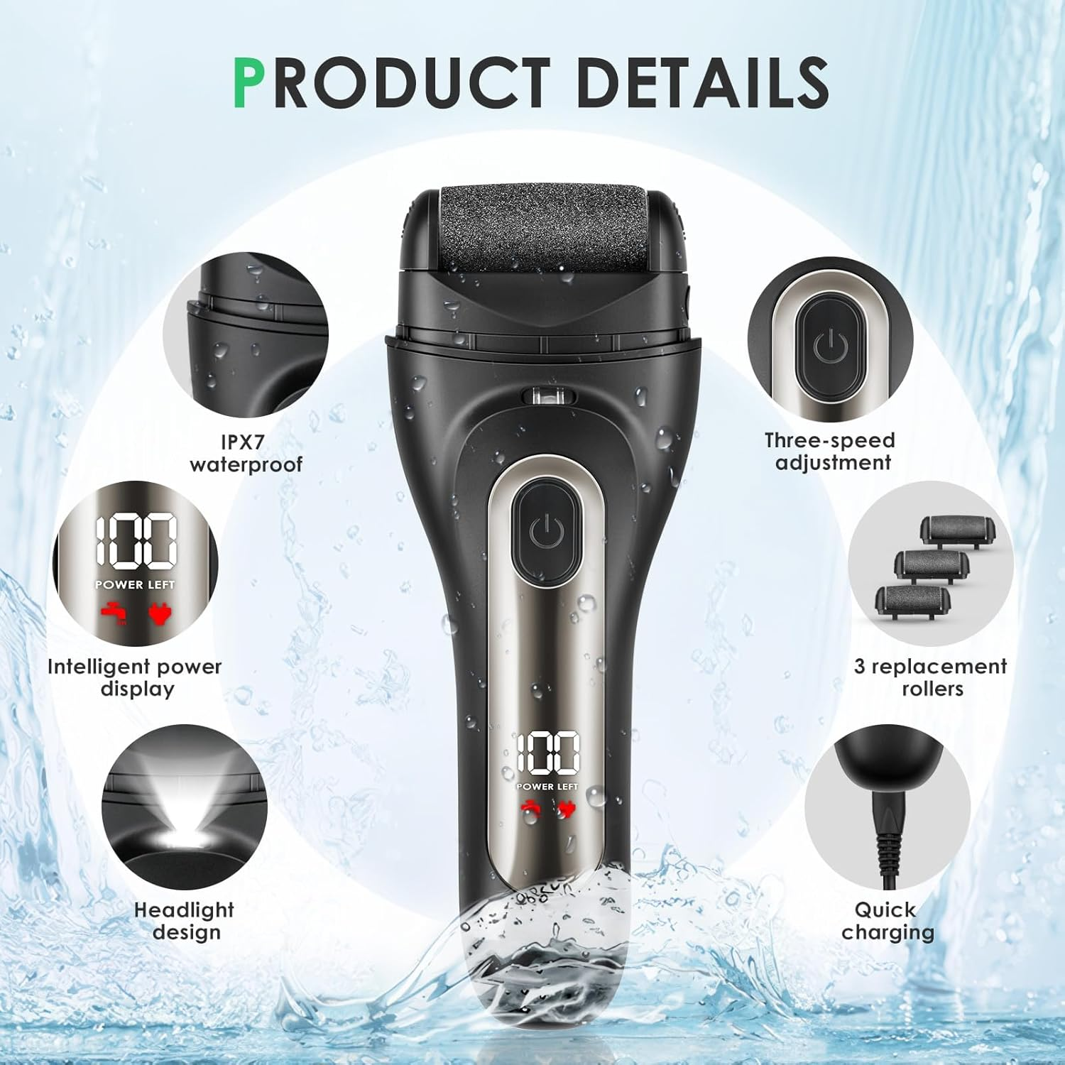 Electric Callus Remover, IPX7 Waterproof Electric Callus Remover, Callus Remover with 3 Replacement Rollers, Electric Foot File for Cracked Heels, Dead Callus Removal image number 2