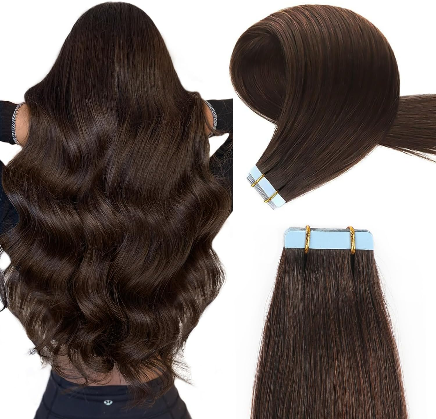 YILITE Tape-In Real Hair Extensions 45 Cm Darkest Brown Silky Straight Seamless Skin Weft Tape Hair Extensions 18 Inches 50 G 20 Pieces/Pack Tape in Hair Extensions (45 Cm #2 Darkest Brown)