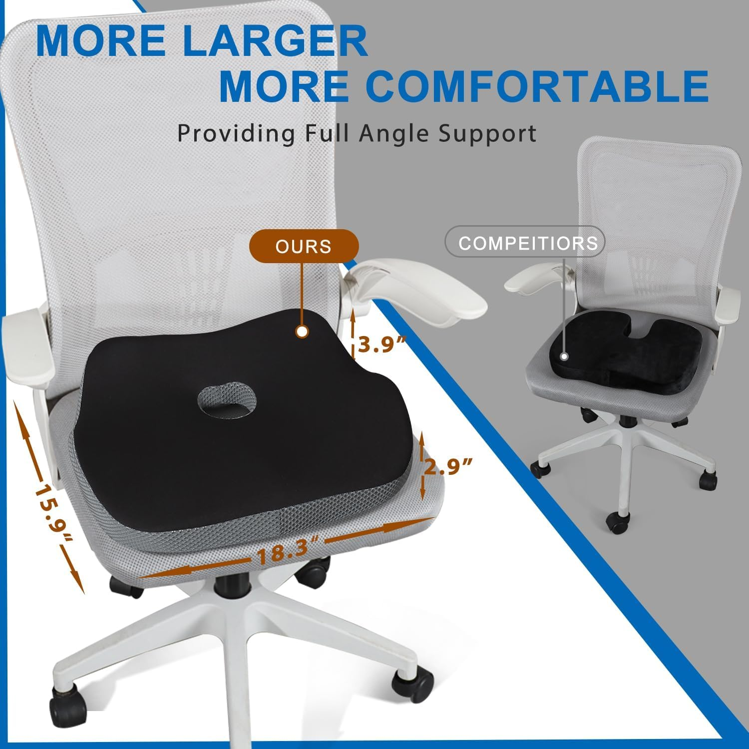 Large Seat Cushion, Memory Foam Coccyx Pain Relief Pillow for Office Chair & Car, Ergonomic Support for Sciatica, Tailbone & Hip Pain, Non-Slip Comfort for Wheelchair image number 6