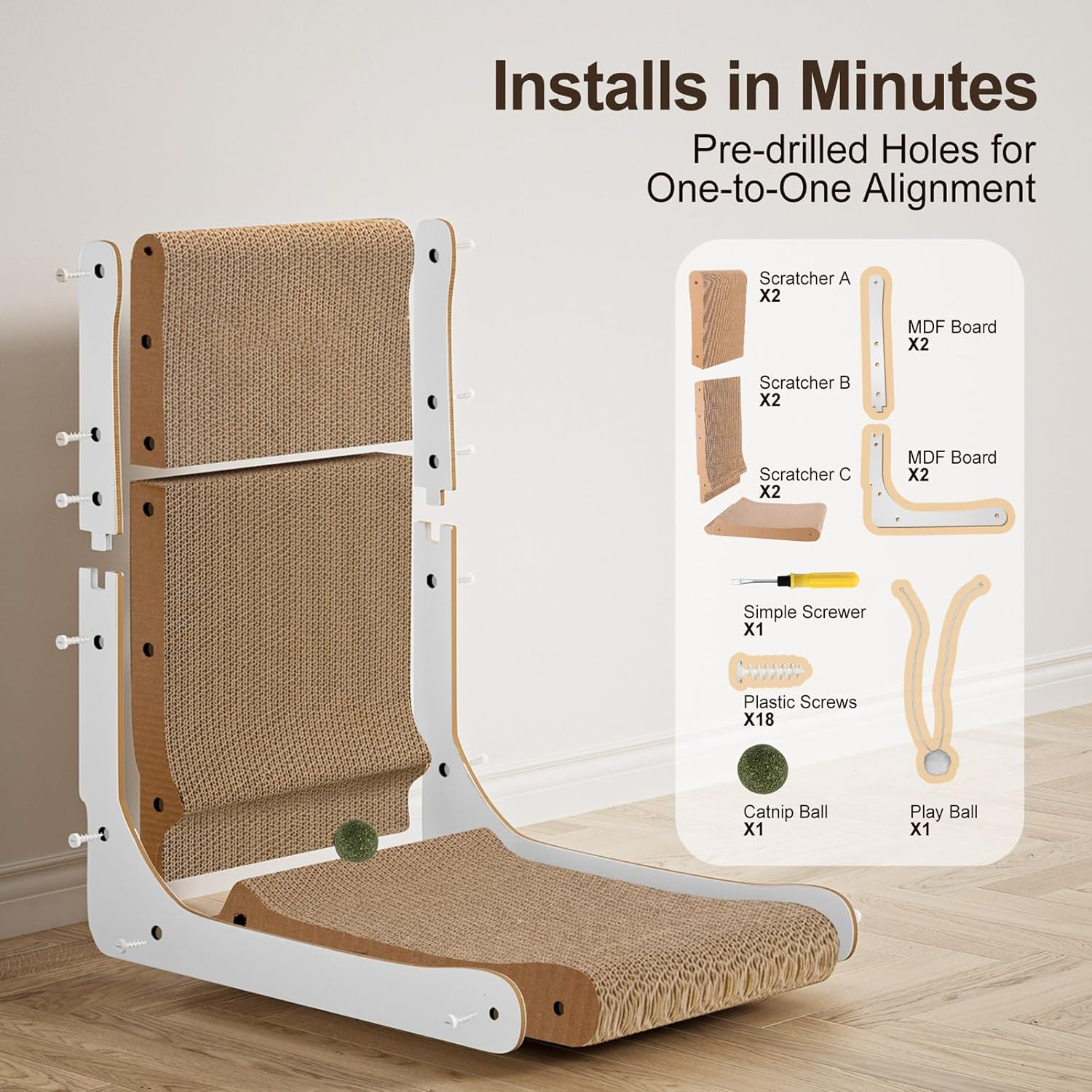 Gimars Vertical Cat Scratcher, L-Shape 68CM Cat Scratching Cardboard with Balls, Large Size Cat Scratch Pad Wall Mounted, Cat Toys for Protecting Furniture (White 47Hx42Wx25L) image number 4