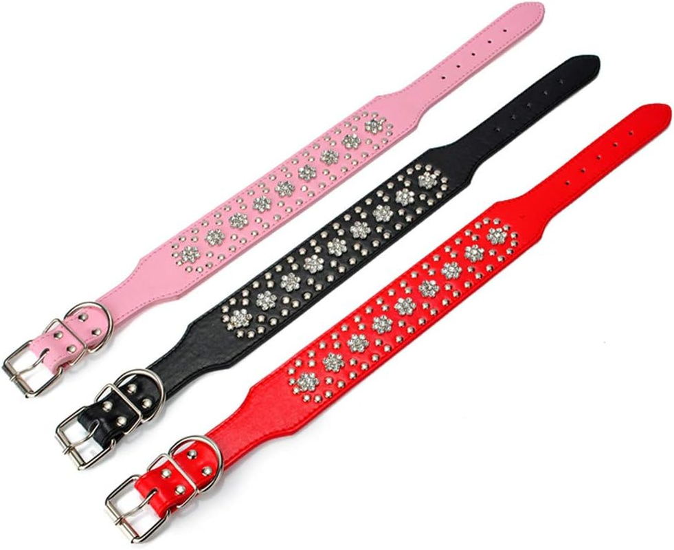 Haoyueer Rhinestones Dog Collars Flower Pattern Rhinestone Studded Leather Sparkly Crystal Diamonds Dazzling Sparkling Elegant Fancy PU Leather Dog Collar for Medium & Large Dogs(Pink,L) image number 1