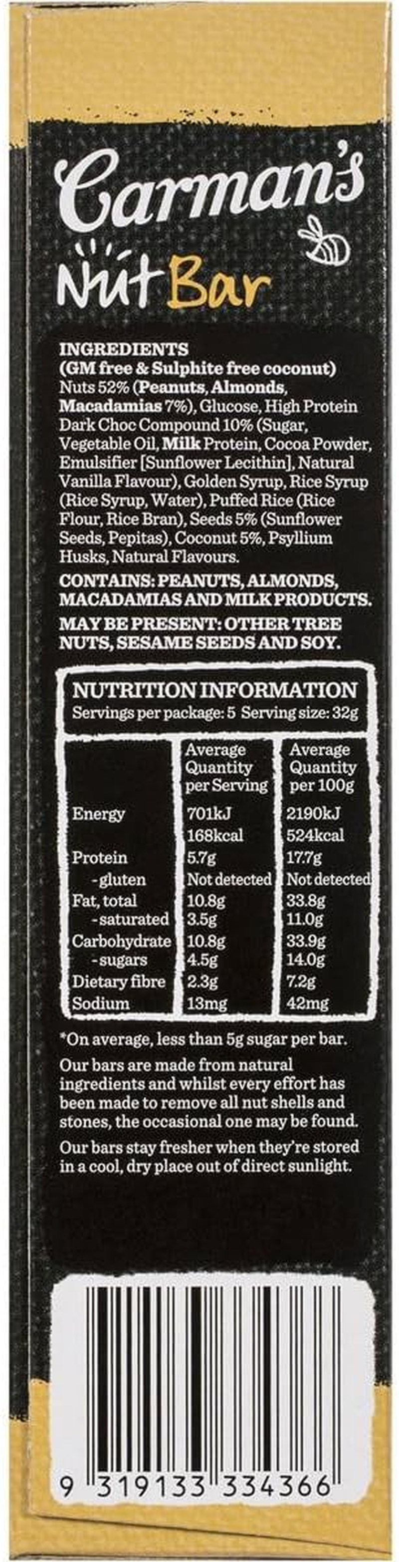 Carman'S Nut Bar Dark Choc, Macadamia & Coconut, 5-Pack (160G) image number 1