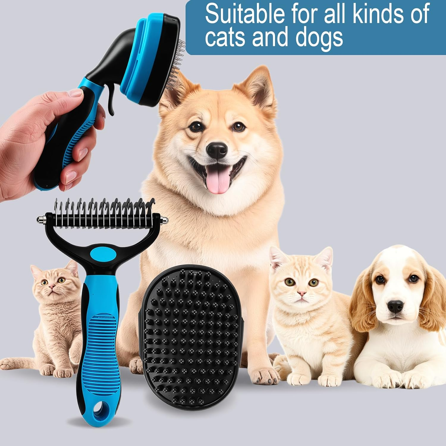 Dog Brush for Shedding | 3PCS Dog Grooming Brush Kit Including Double-Sided Dematting Comb | Self-Cleaning | Bath Brush | Suitable for Long & Short Haired Dogs | Cats(Blue) image number 5