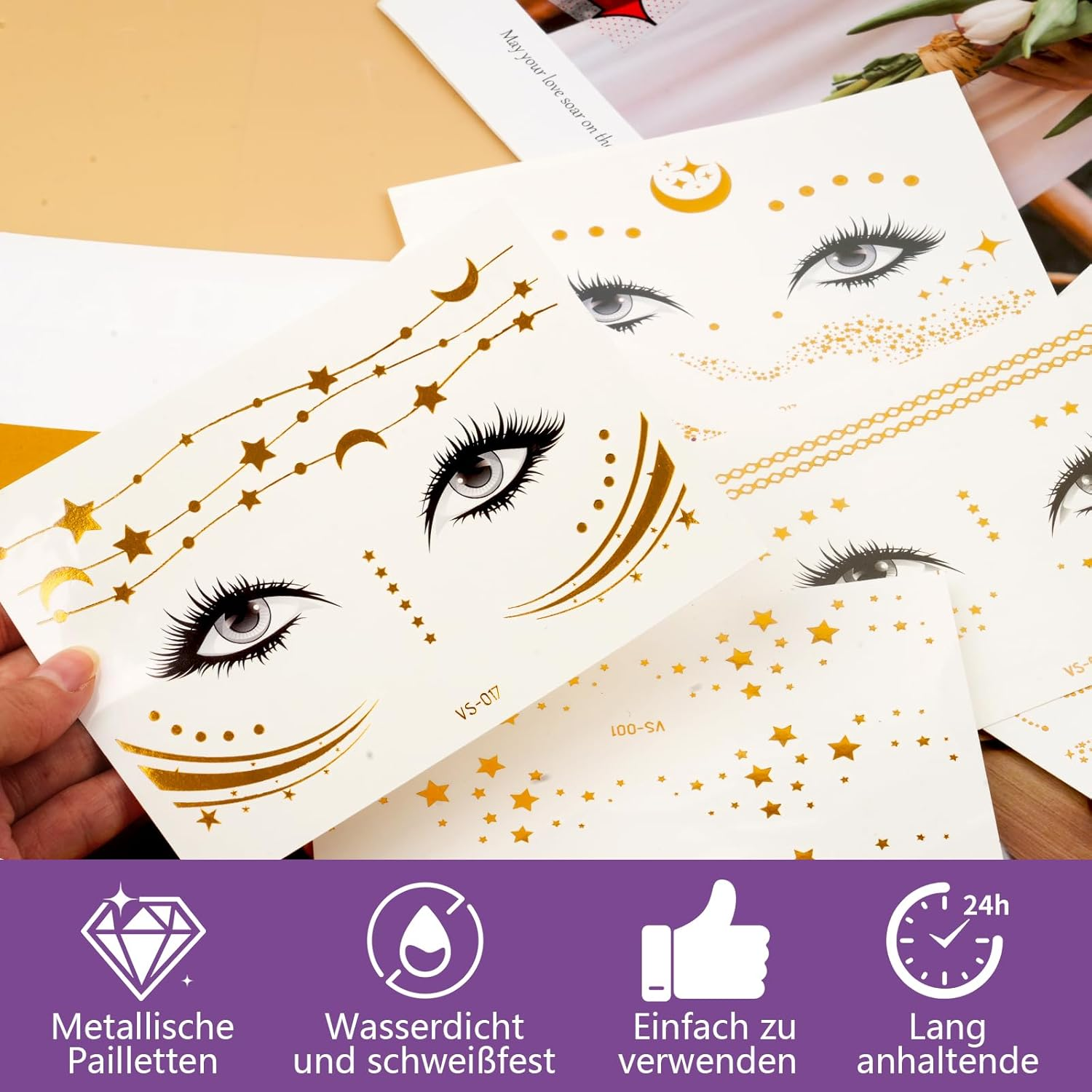 Face Tattoo Carnival, Glitter Festival Make up Tattoos, Waterproof Freckles Freckles Tattoo in Gold for Women (Gold - 6 Styles) - Black-120Pcs image number 6