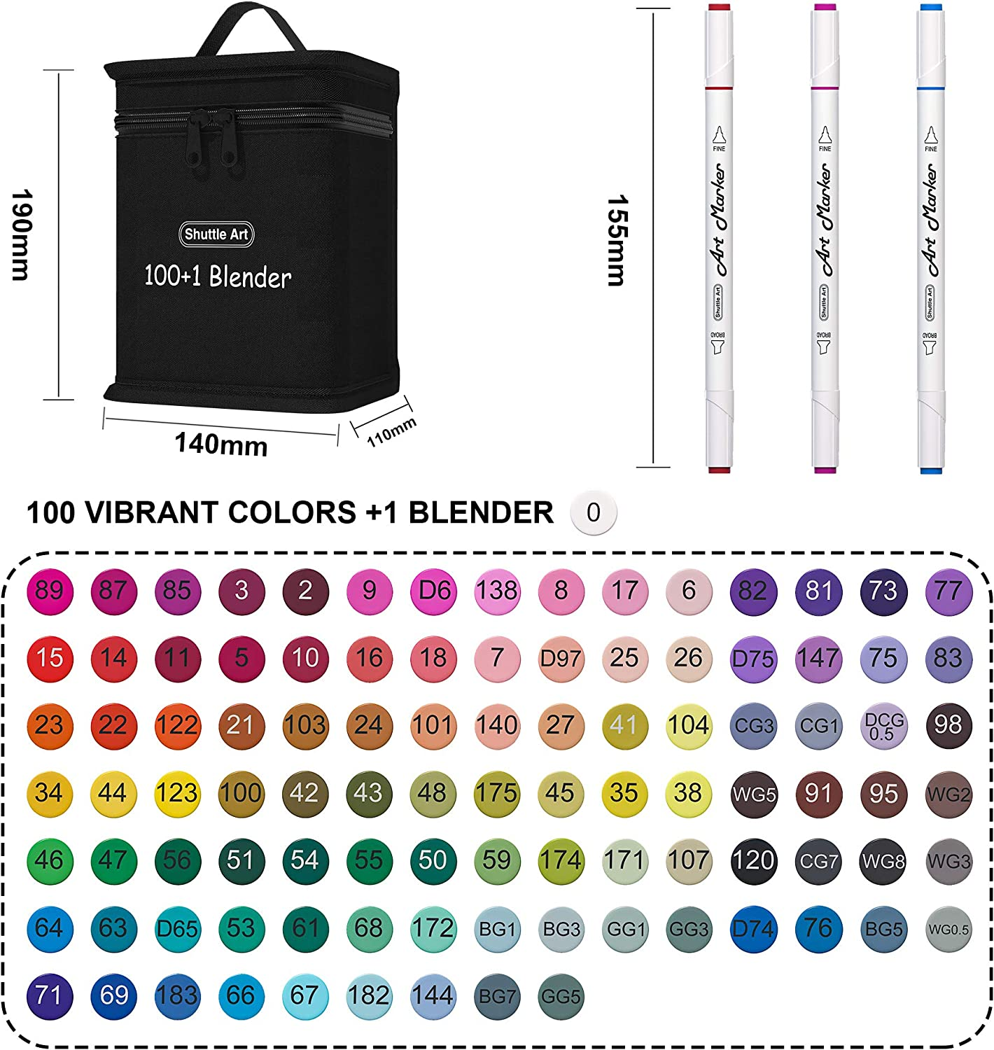 Shuttle Art 100 Colours Alcohol Markers, Dual Tip Art Markers plus 1 Blender Art Pens for Drawing, Sketching Highlighting, Marker Pens with Carrying Case for Artists and Adult Colouring Manga Design image number 5