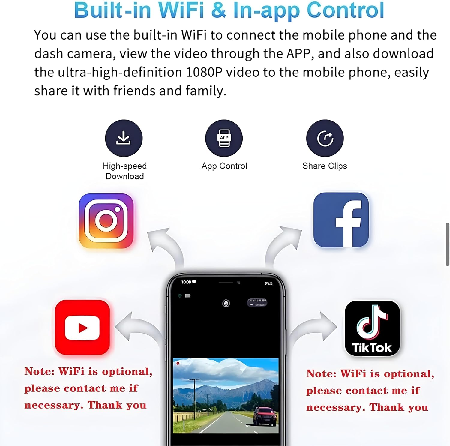 Dual Lens DVR Dash Cam 1080 P HD Car DVR Front and Rear Camera Recorder with Built-In Wifi LCD (170 Degree Wide) with 64 GB High Speed SD Card Free 24 Hour Parking Monitoring/Night Vision/G-Sensor image number 6