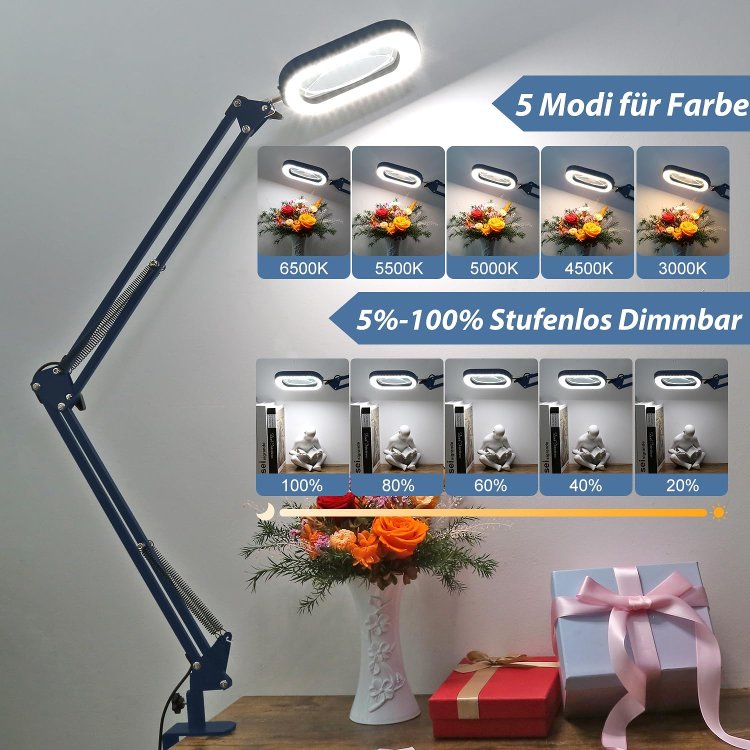 Veemagni 10 X Real Glass Rectangular Magnifying Glass with Light and Clamp, Reading Magnifier, 5 Colour Modes, Continuous Dimming, 2 X 16 Inch Large Swivel Arm LED Magnifying Lamp, Hands-Free Table image number 1