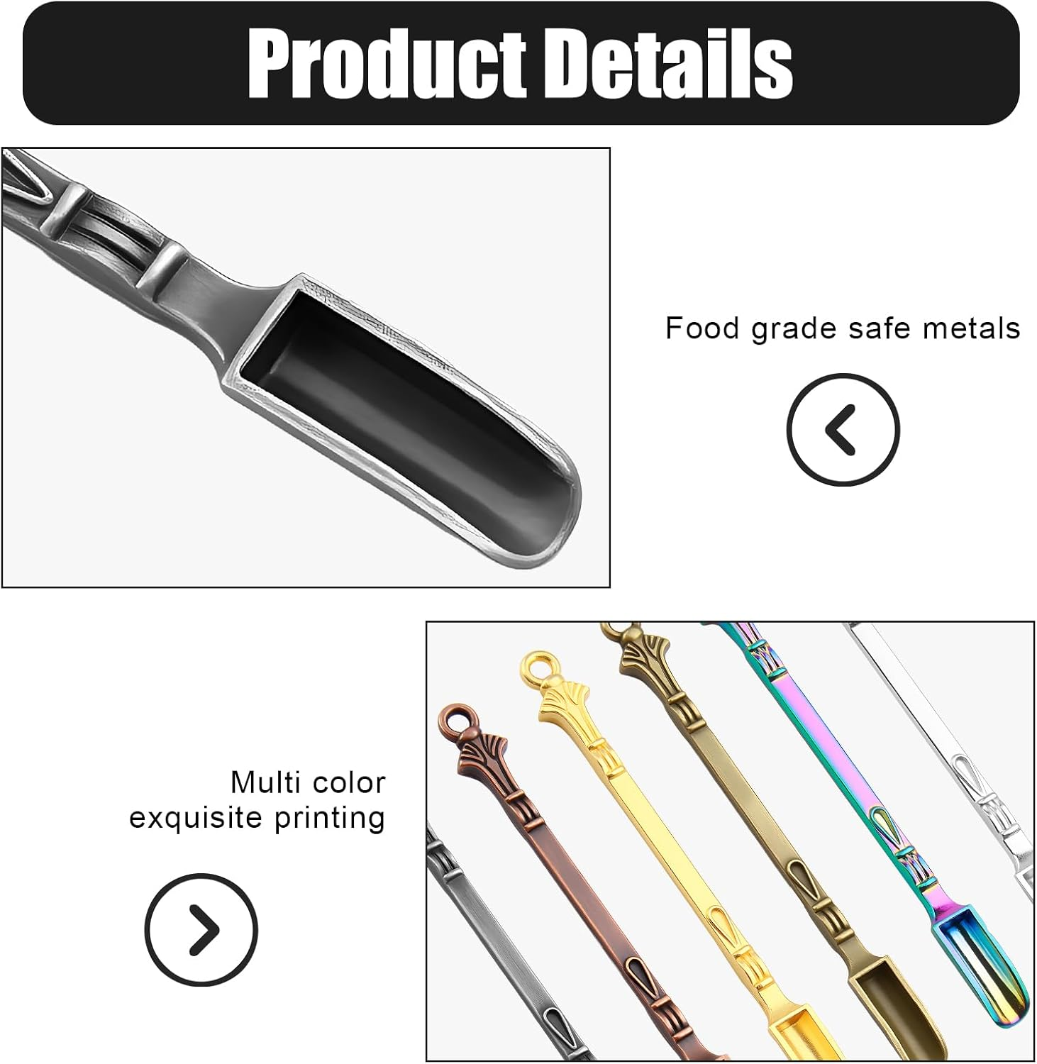 6 Pcs Mini Snuff Spoon, Metal Small Shovel Powder/Medicine Scoop Pendants Necklace Loop for Home Supplies Baking Cooking Coffee Sugar Filling Jars/Salts/Herbs Craft Tools (6 Colors) image number 3