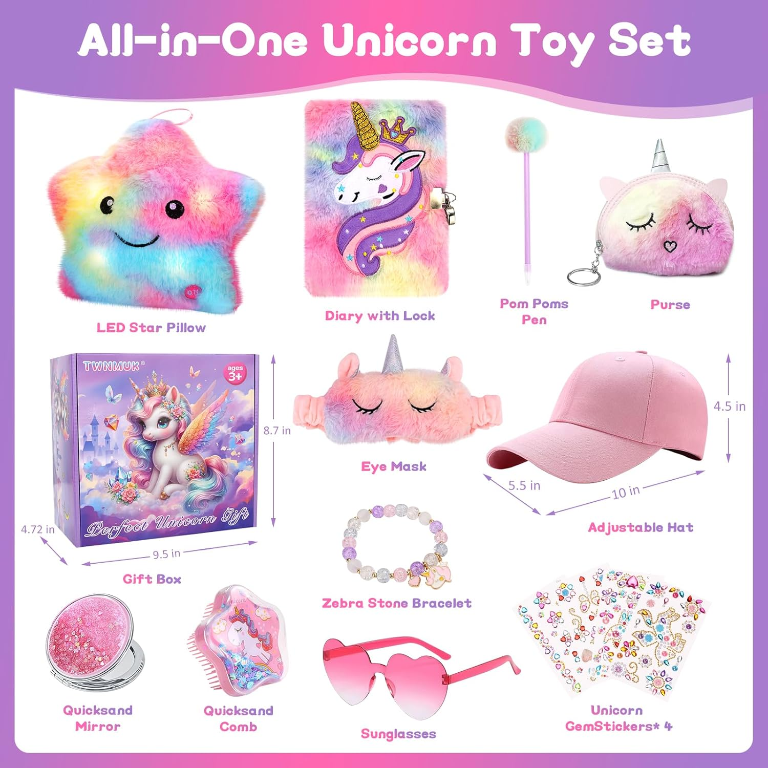 Unicorn Toys for Girls - Girls Toys 4 5 6 7 8-12 Years Old with Light up Stars Pillow/Purse/Diary with Lock/Adjustable Hat & Gem Stickers/Unicorn Gifts Birthday Christmas Easter