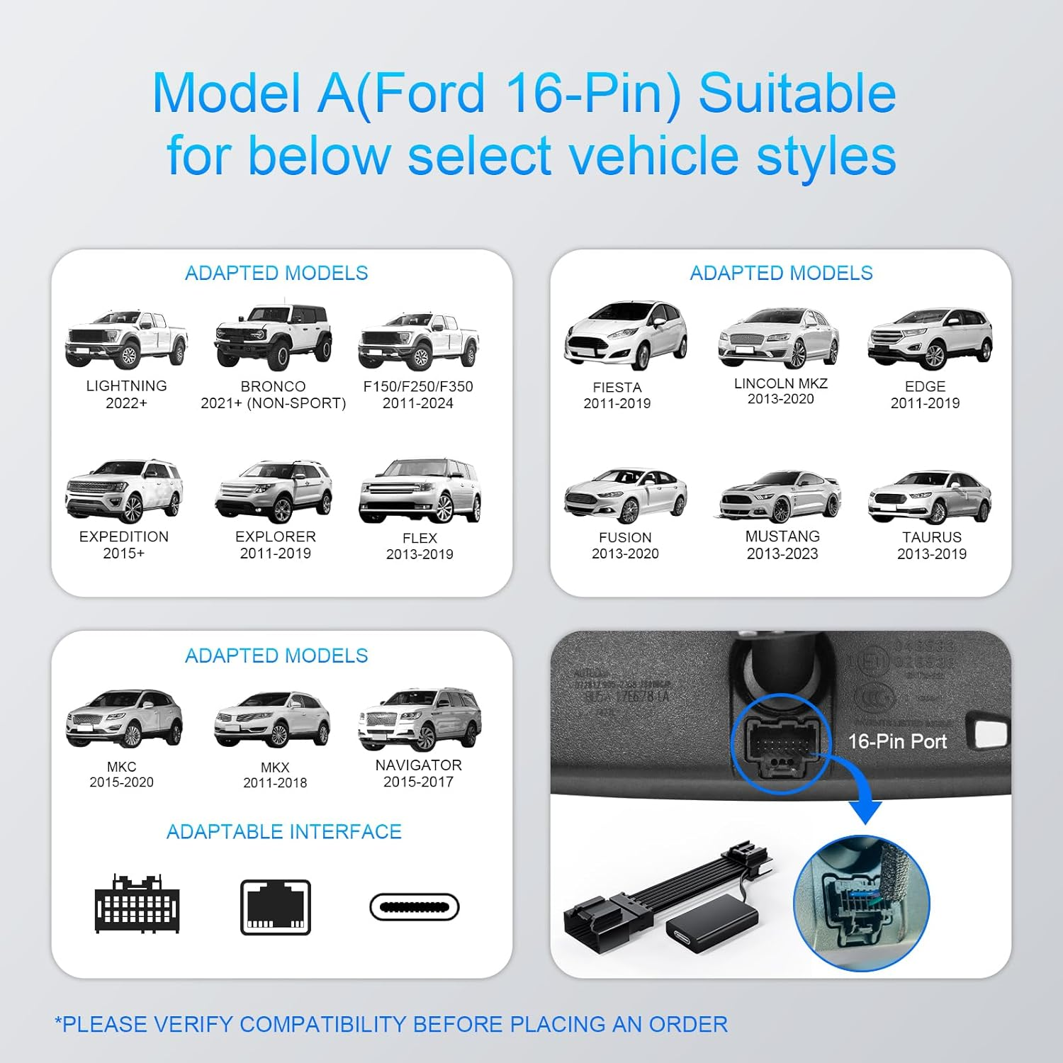 Dashcam Power Adapter Ford 16 Pin (Model A) Fit for Mazda, Ford F150/F250/F350 Explorer Bronco Etc,Hide the Wires,Gps Radar Mirror Camera Dash Cam Adapte,Connects to Rearview Mirror(Exposed)