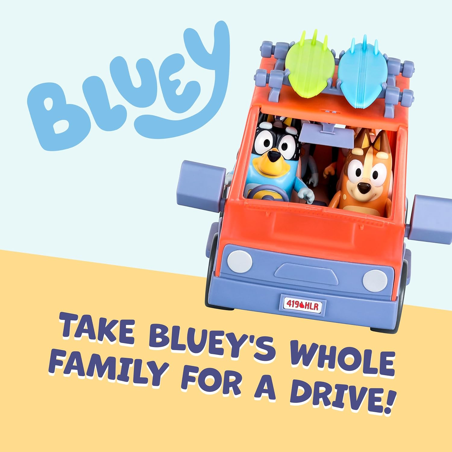 Bluey Heeler Family 4WD Vehicle and 4 Figure Pack, 6.3-7.6Cm Figures, 2 Surfboards Accessories and Stickers. image number 1