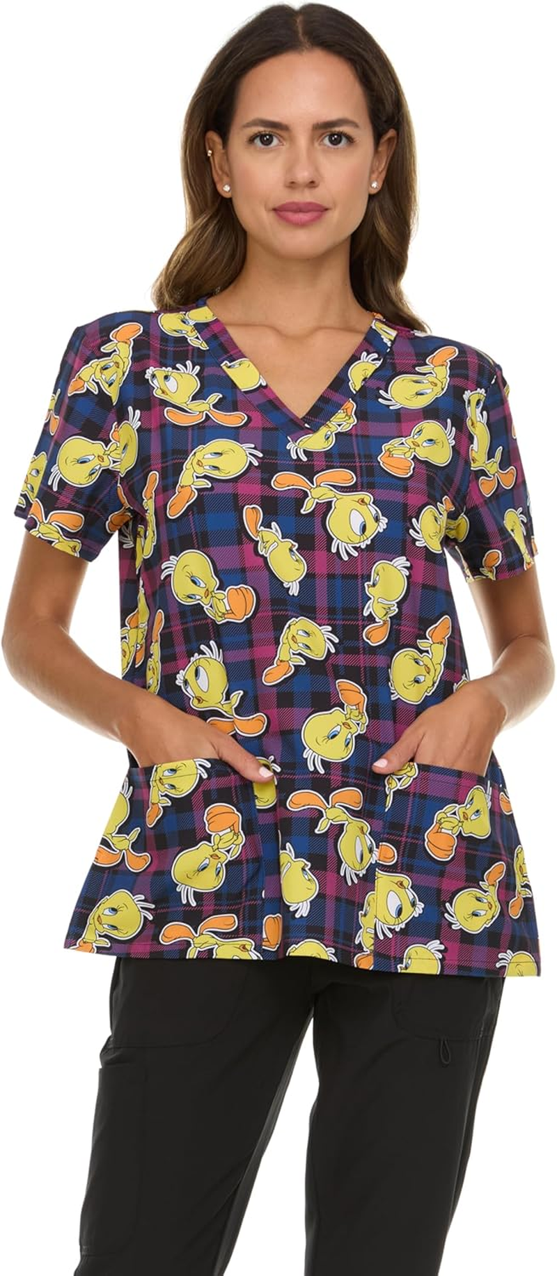 COCO BRANDS Looney Tunes Women'S All over Print, V-Neck Scrub Top with Pockets - Comfortable Work Uniform image number 3