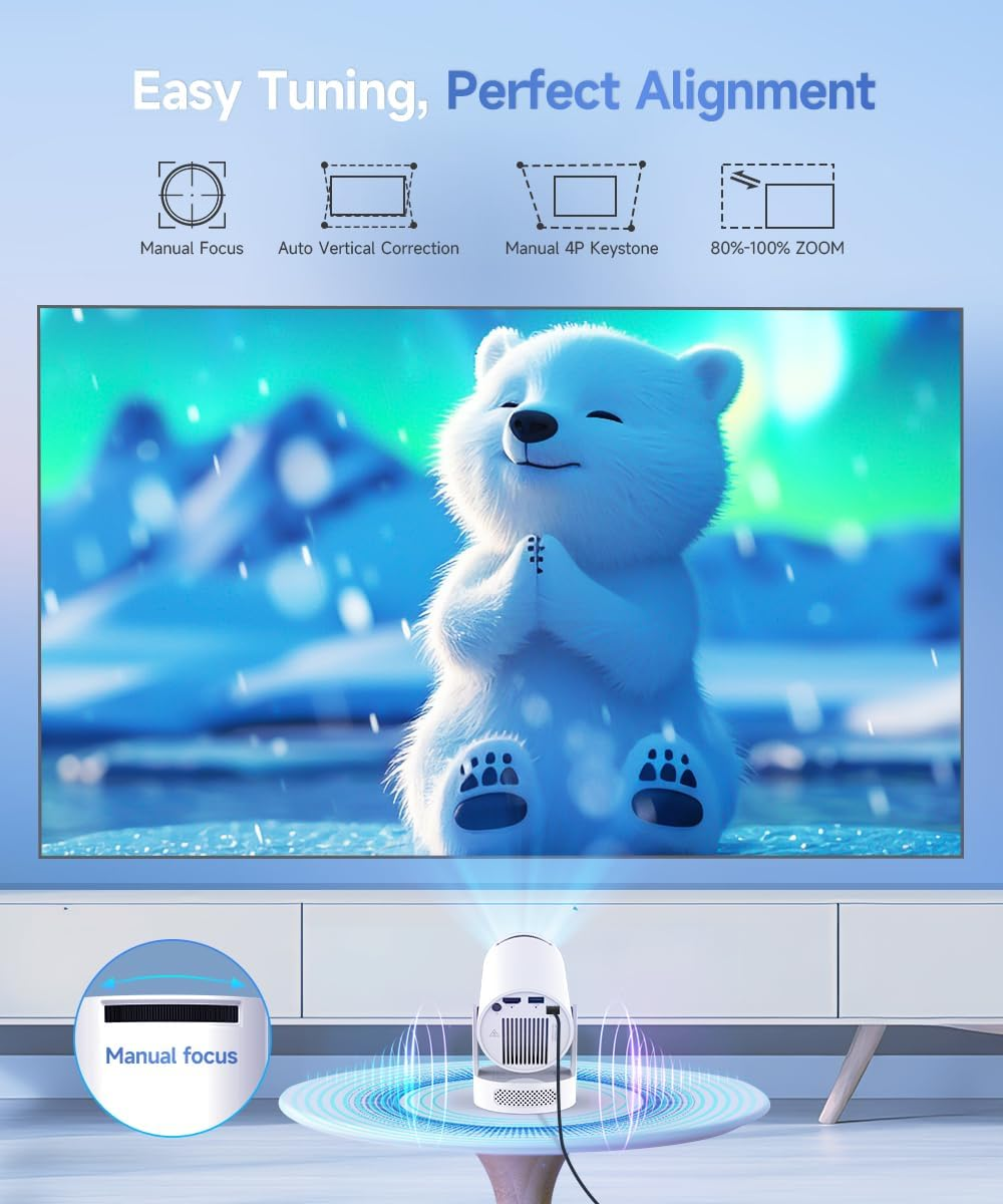 Mini Projector 4K Support with Wifi 6 and Bluetooth 5.4, 5W Soundbase Speaker, Auto Vertical Keystone 180&deg;Rotatable Portable Proyector for Home Bedroom Outdoor (5W Speaker & Manual Focus) image number 2