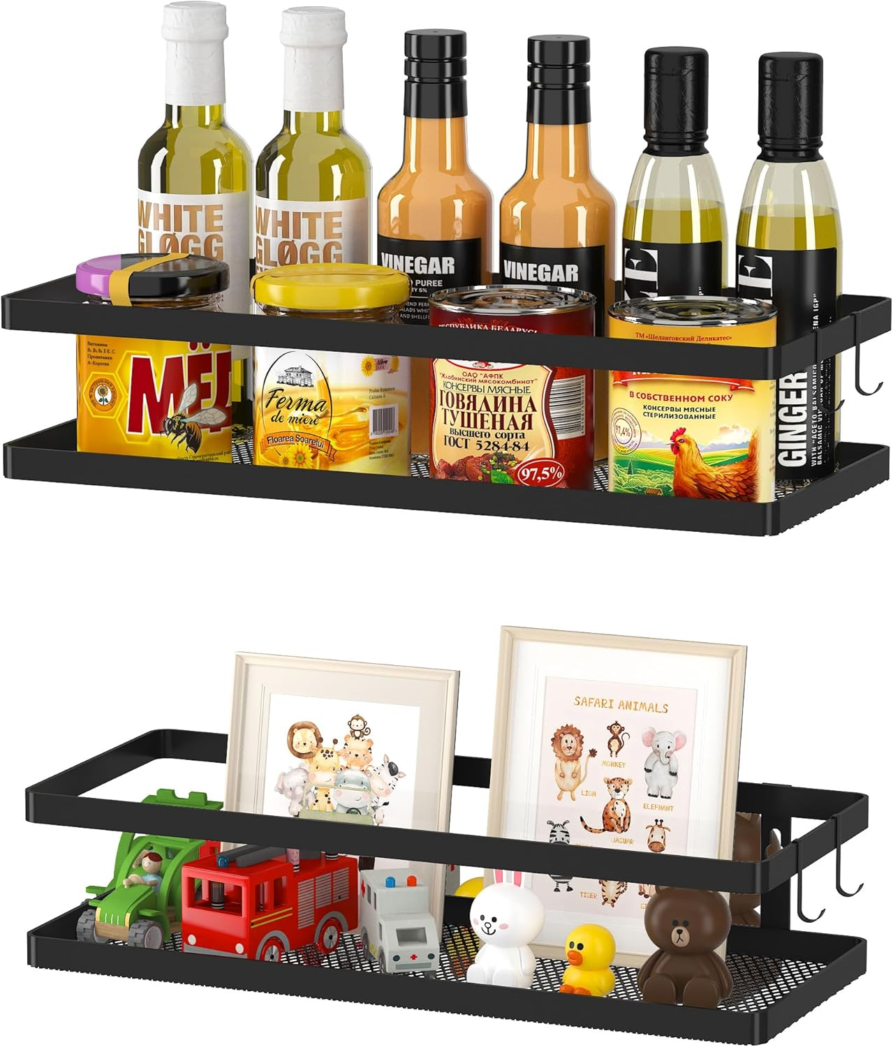 PUSDON Hanging Storage Baskets Organizer Wall Mount, Metal Wire Storage Bin Rack for Kitchen Bathroom Shower Spice Shelf Home Decor Essentials Black-2 Packs (Netting)