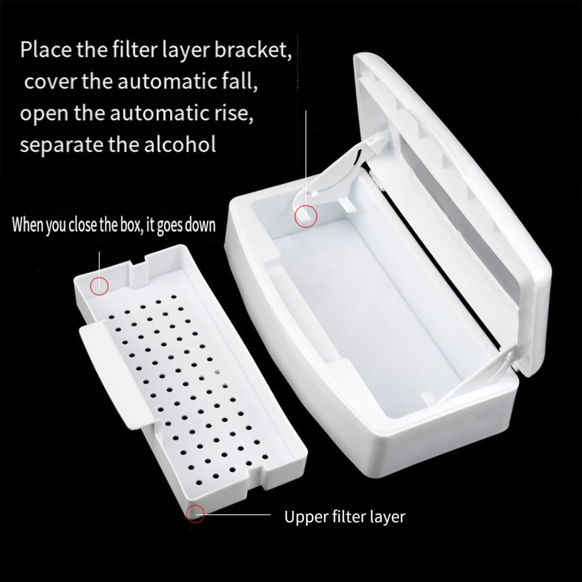AIMALL Nail Tool Disinfection Box with Alcohol Filter Tray, Portable Cleaning Container for Nail and Eyelash Tools, 9X4.3X2.8In image number 3