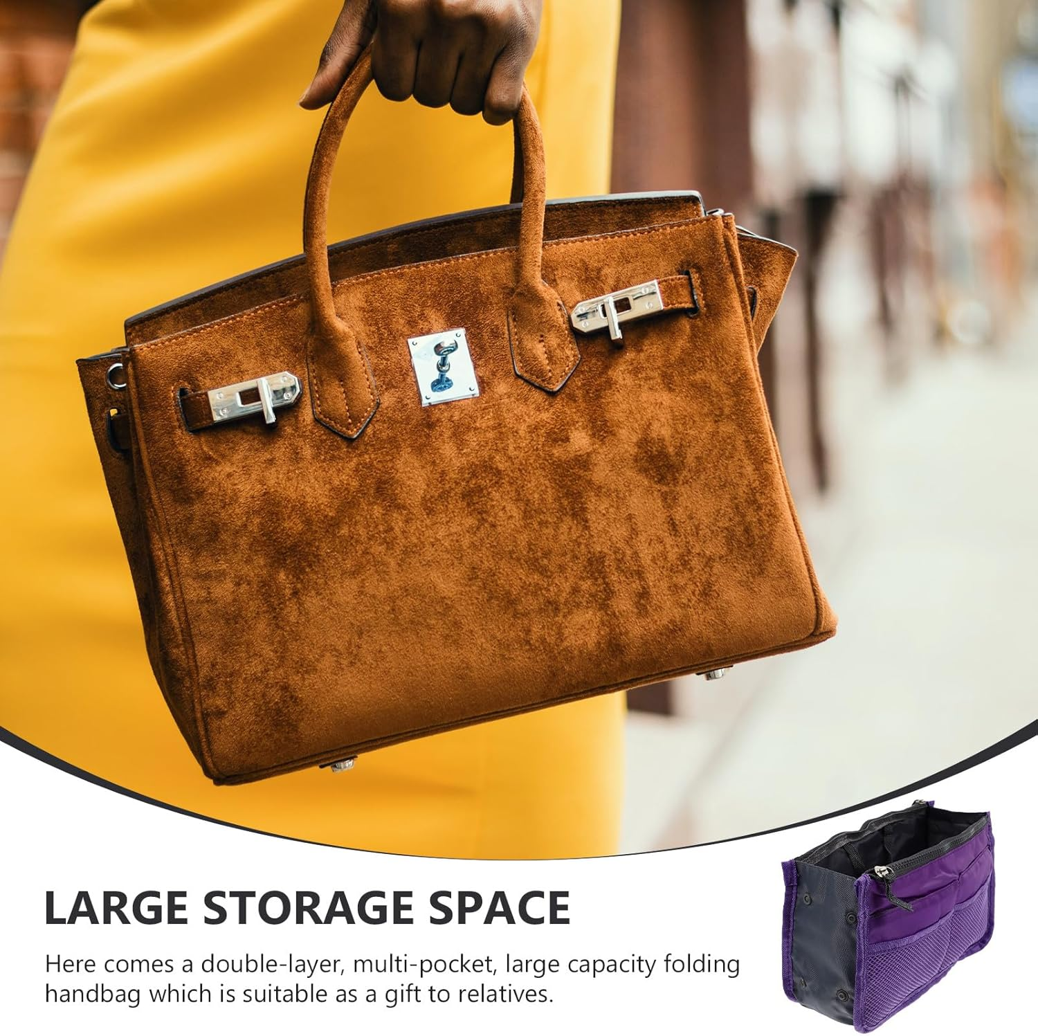 WESIEVYA Multipurpose Foldable Handbag Liner with Double Layers and Multiple Pockets Large Capacity Nylon Travel Bag Organizer for Women Purple image number 2