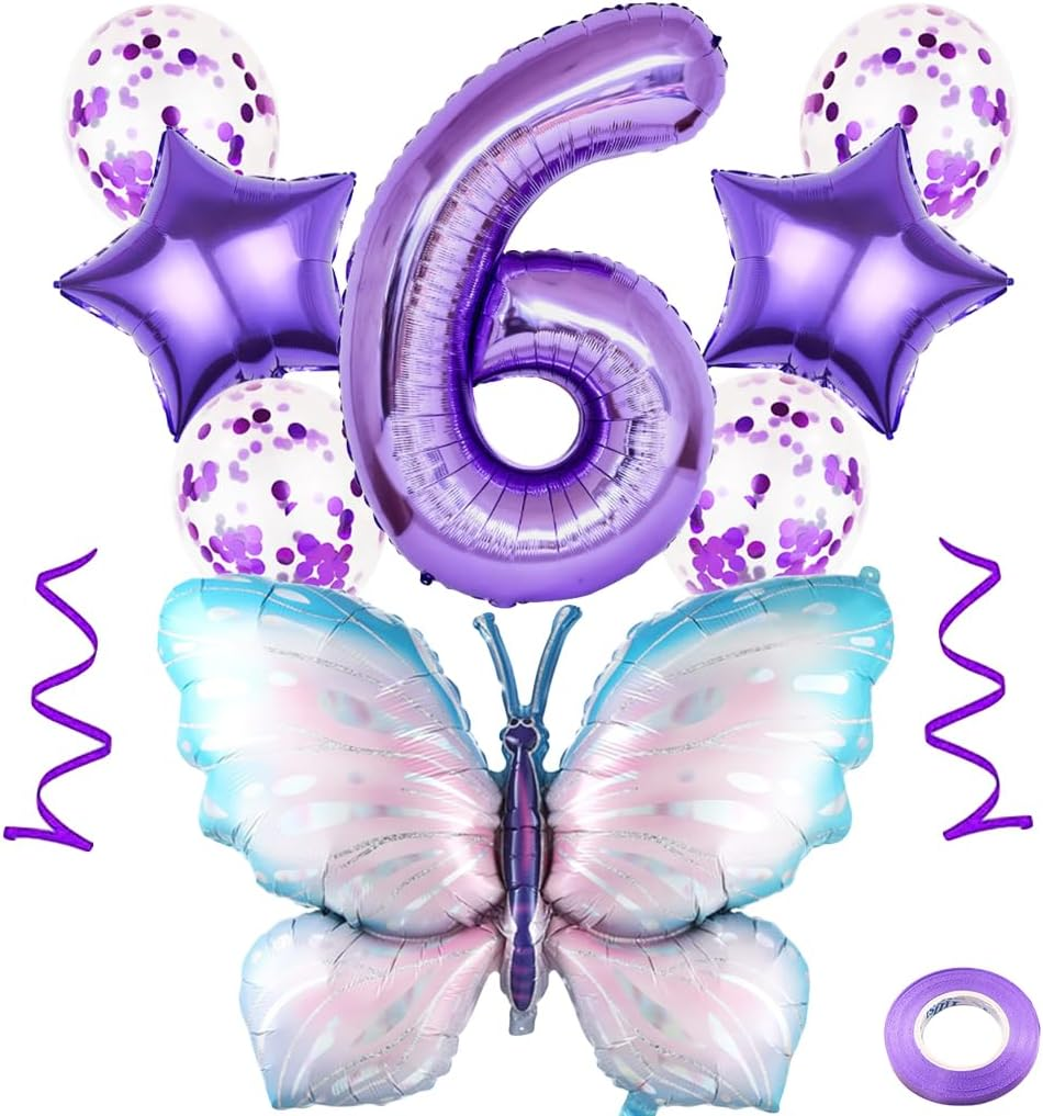 6Th Birthday Butterfly Balloons - Giant Purple Aluminum Foil Number 6 Mylar Balloon for Theme Party Supplies, Baby Shower, Girls Birthday Decor