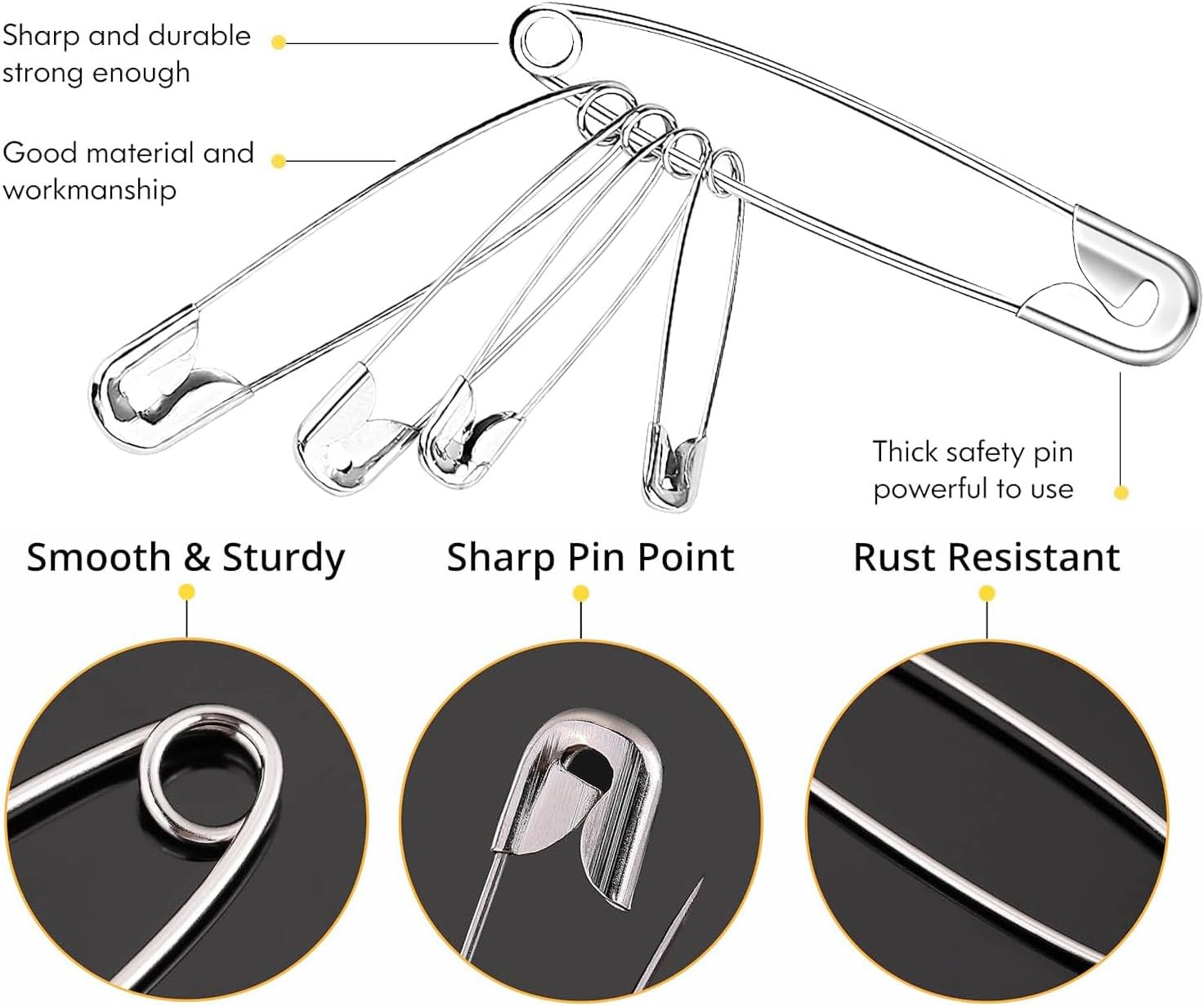 CJESLNA Safety Pins Assorted, 300 Pack Safety Pins, 5 Different Sizes Heavy Duty Safety Pin, Safety Pins Bulk, Small Large Safety Pins for Clothes, Sewing, Arts, Crafts（Silver） image number 1