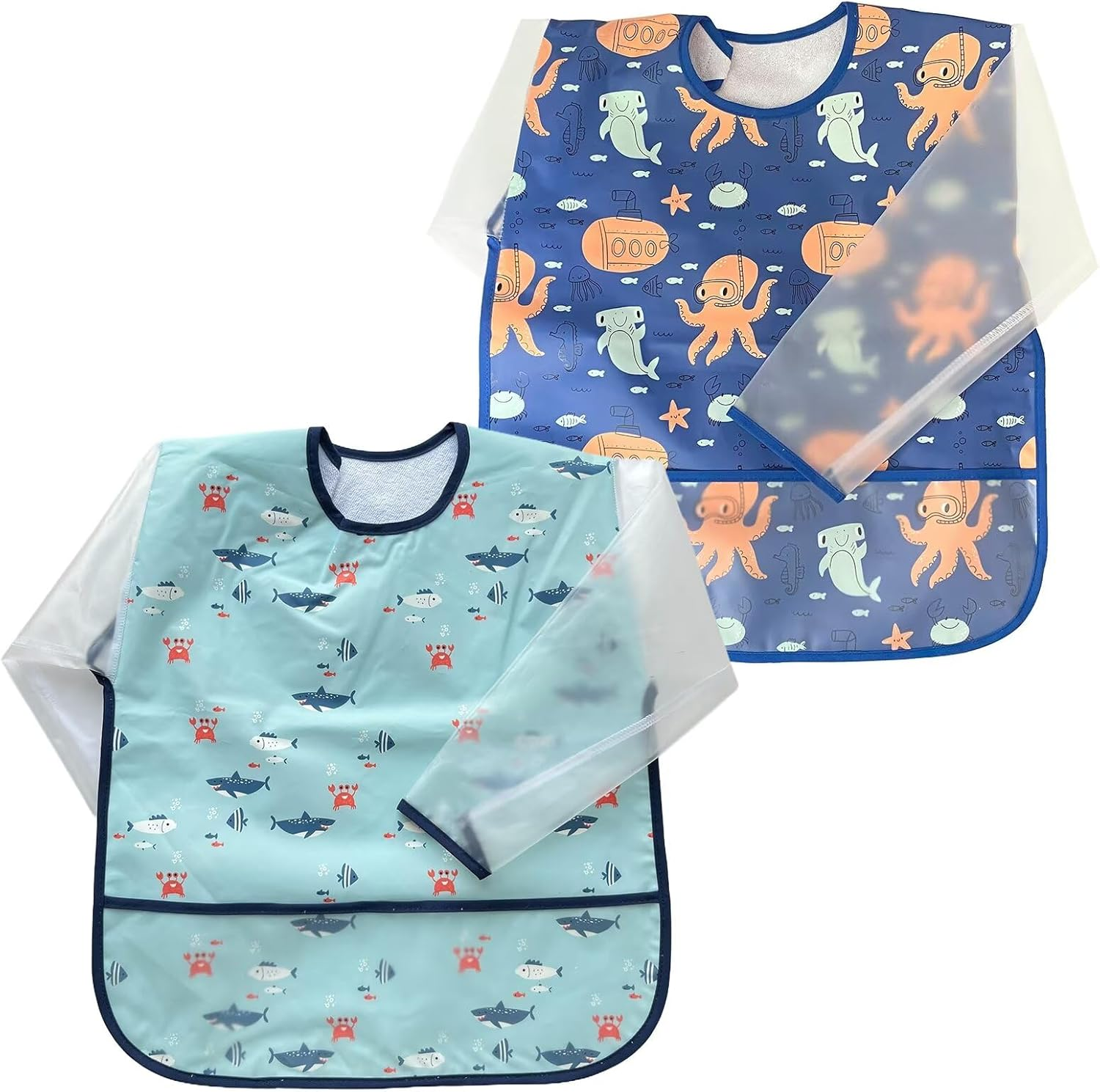 PUPPET 2 Pack Baby Boy Feeding Bibs Set, Full Sleeved Waterproof Bib for Infant with Food Catcher Pocket