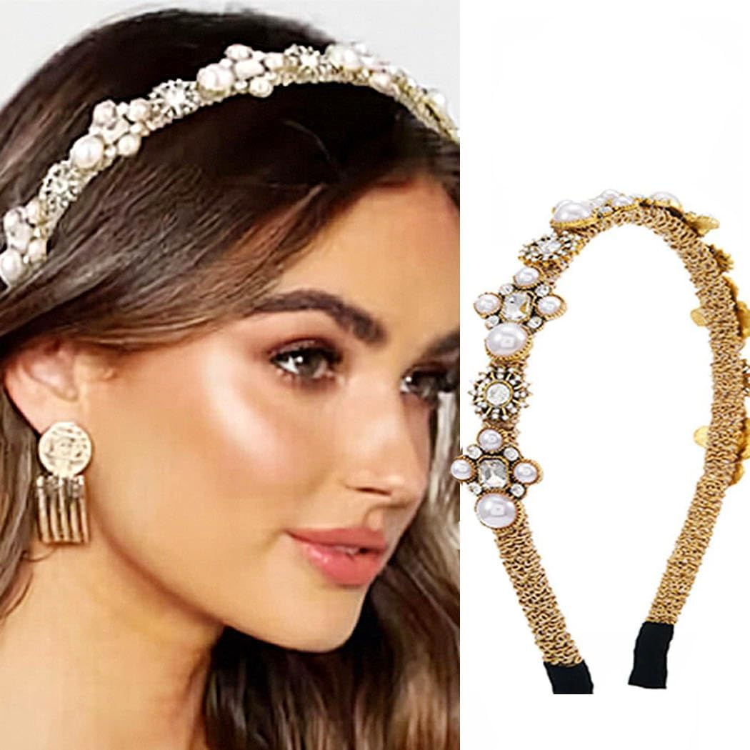 Sinalty Gold Pearls Headbands Baroque Rhinestones Hair Bands Crystal Hair Hoop with Beaded Hair Ties for Women (Fashion) image number 1