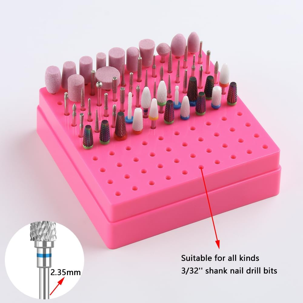 Fspronail Nail Drill Bits Holder,100 Holes Nails Drill Grinding Head Organizer Empty Box,Nail Drill Kit and Nail Drills Cleaning Brush Dust-Proof Storage Display Manicure Tool Container Case(Rose Red)