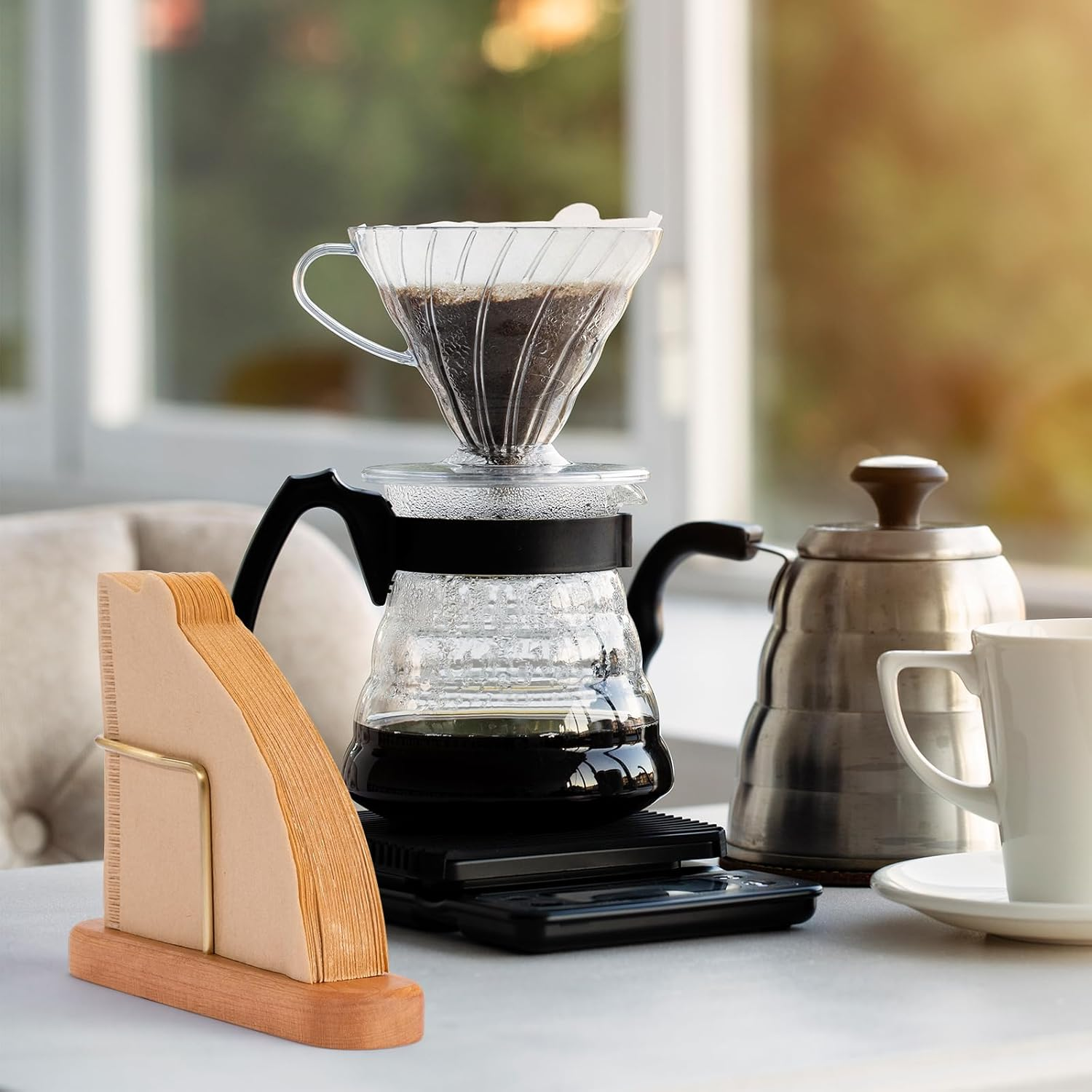 Coffee Filter Holder, Cherry Wood and Brass, V60 Cone Paper Coffee Filters Size 01 and 02, 40Pcs, 1 Count image number 5