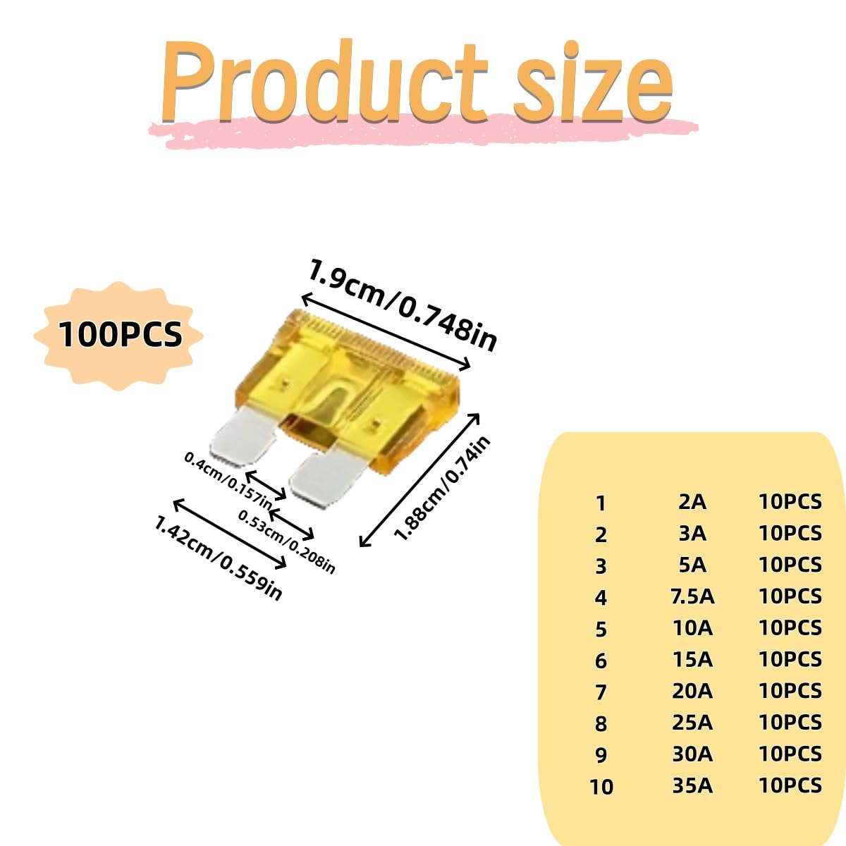 100 Car Mini Blade Fuse Combination Suite, Professional Blade Fuse (2 a / 3 and 7.5 A/10A /15 A/20A/25A / 30A / 35 A), the Standard Car Blade Fuse, Change with Drawing Tools image number 1
