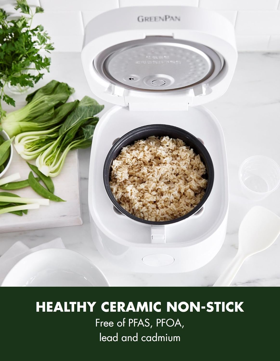 Greenpan Bistro Rice and Grains Cooker 2L White, PFAS & Pfoa-Free Removable Ceramic Dishwasher Safe Pot, Healthy Cooking, Auto Presets & Keep Warm, Touchscreen, Paddle Included, White image number 6