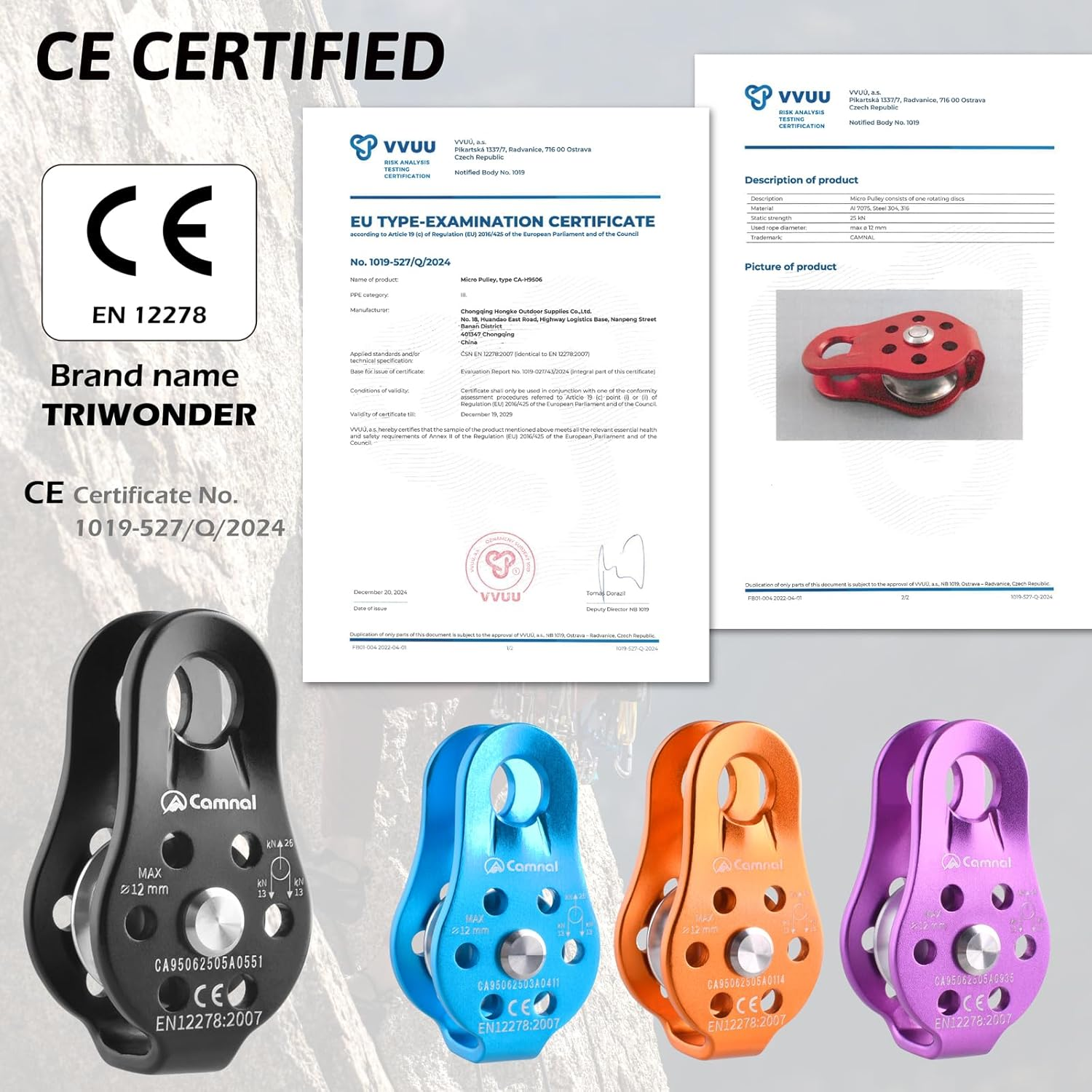 TRIWONDER 26Kn Climbing Pulley CE Certified Rescue Pulley Single Sheave Aluminum Fixed Eye Rock Rope Pulley (02 26Kn - Blue) - 02 26Kn - Orange image number 7