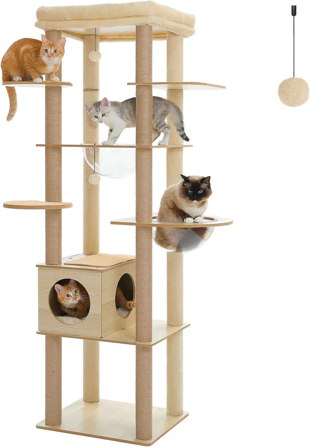 PAWZ Road Cat Tree, 180Cm Wood Large Cat Tower with 2 Acrylic Nests, 10 Sisal Covered Scratching Posts, Condo House and Spacious Top Perch for Large Cats image number 6