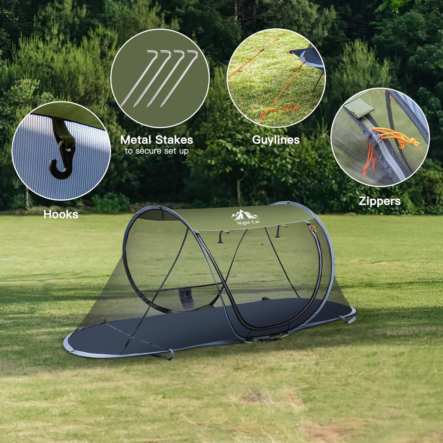 Night Cat Pop-Up Mosquito Tent: 1 Person Camping Tent with Bug Screen Net Adults Kids Fits with Camping Cot (Exclueded) image number 3