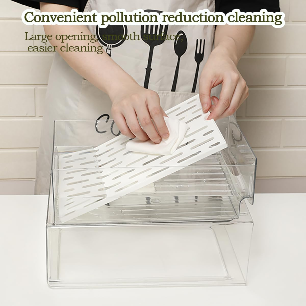 Anshine 2 Pack Clear Fridge Organizer,Pull Out Stackable Fridge Organiser with Lids、Draining Tray and Drawer, Storage Containers with Ventilation System for Kitchen Organization (2 Pack Large Size) image number 6