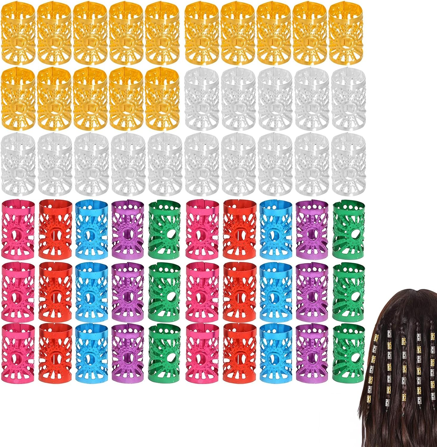 DHWEKU Pack of 50 Dreadlocks Jewellery, Adjustable Metal Cuffs, Hair Spiral Clips, Dreadlocks Beads, Braiding Hair Jewellery, Suitable for Men and Women, Coloured image number 5