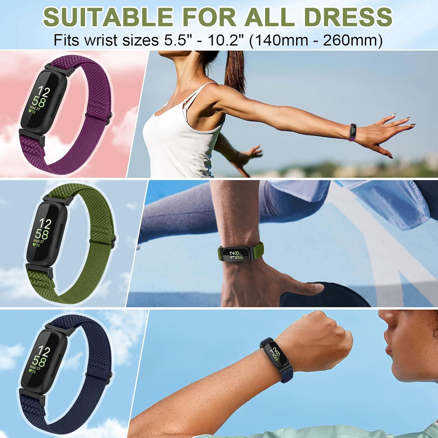 2 Pack - Relting Elastic Bands Compatible with Fitbit Inspire 3/Inspire 2/Inspire/Inspire Hr/Ace 2/Ace 3 for Women Man Kids, Soft Nylon Adjustable Sport Wristband image number 3