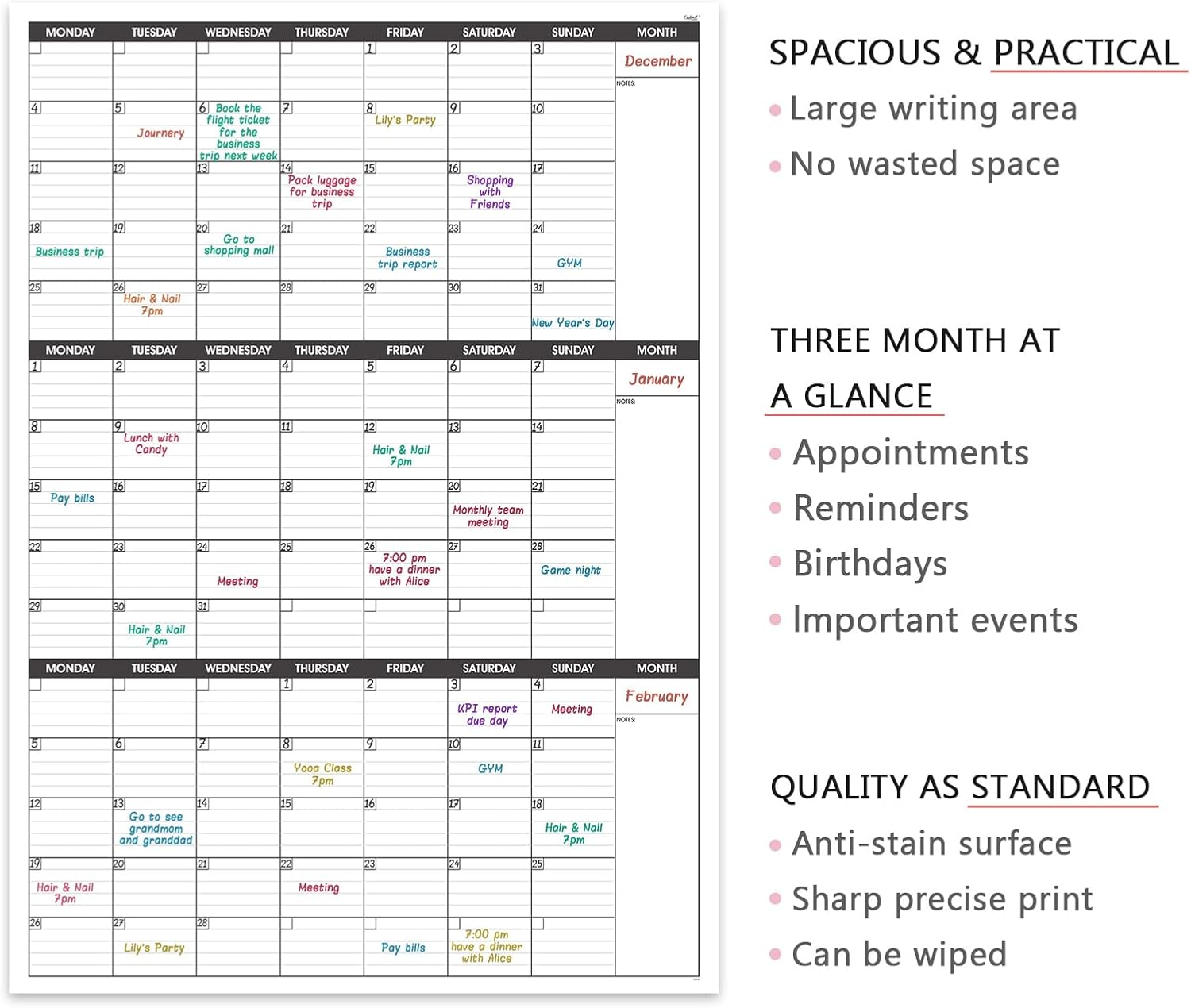 Colorage Large Wall Calendar Undated - Three Monthly Dry Erase Reusable Planner, Giant Laminated Poster, Goal & Task Organizer for Your Home, Office, School Includes 4 Sticker Dots, 101 Cmx73 Cm image number 3