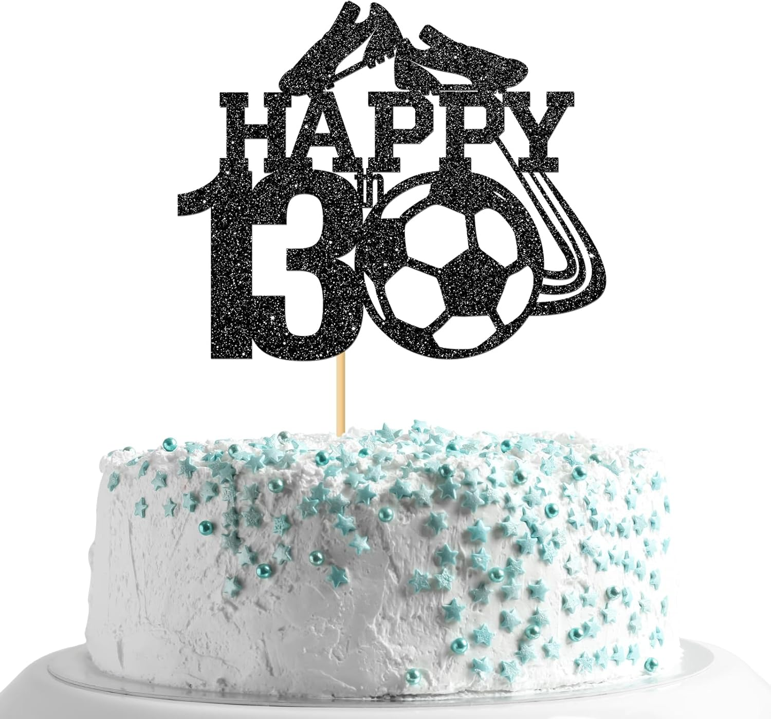 Monmon & Craft Soccer 13Th Birthday Cake Topper/Sport Theme Soccer Ball Cake Docer/Soccer Player Boy 13Th Birthday Party Decorations - Black Glitter image number 1