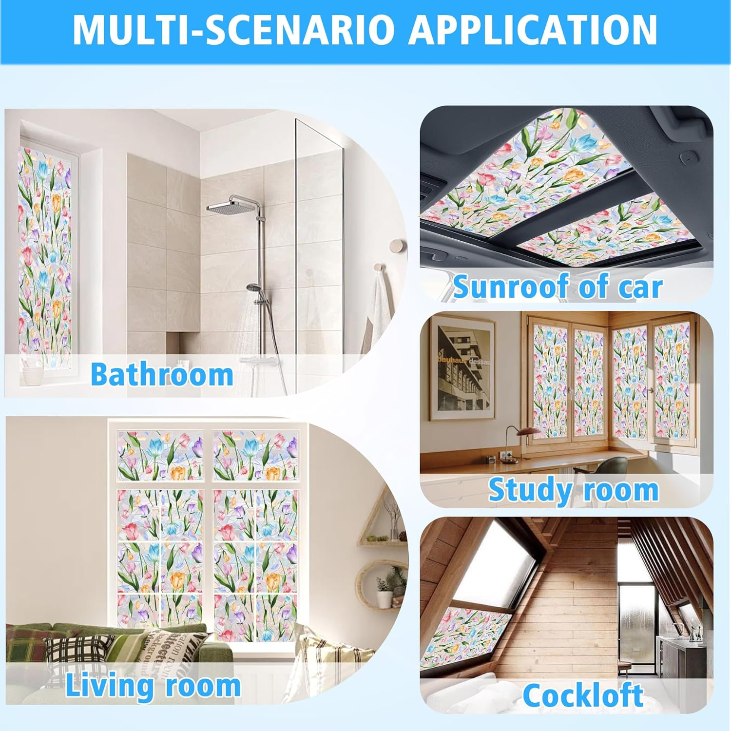 Stained Glass Window Film, Floral Privacy Film for Glass Windows, Decorative Window Cling Film, Non Adhesive Window Coverings Film for Bathroom Home Office (15.7 X 39.3 In) image number 4