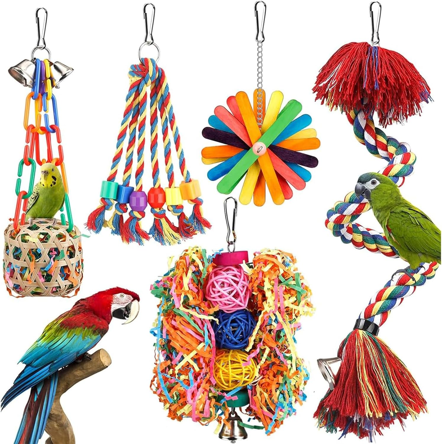 Cozioz Bird Rope Perch with Bell &ndash; Colorful Chewing, Shredding & Foraging Toys for Parakeets, Parrots, Conures, Cockatiels, Budgies & Lovebirds &ndash; Bird Cage Accessories