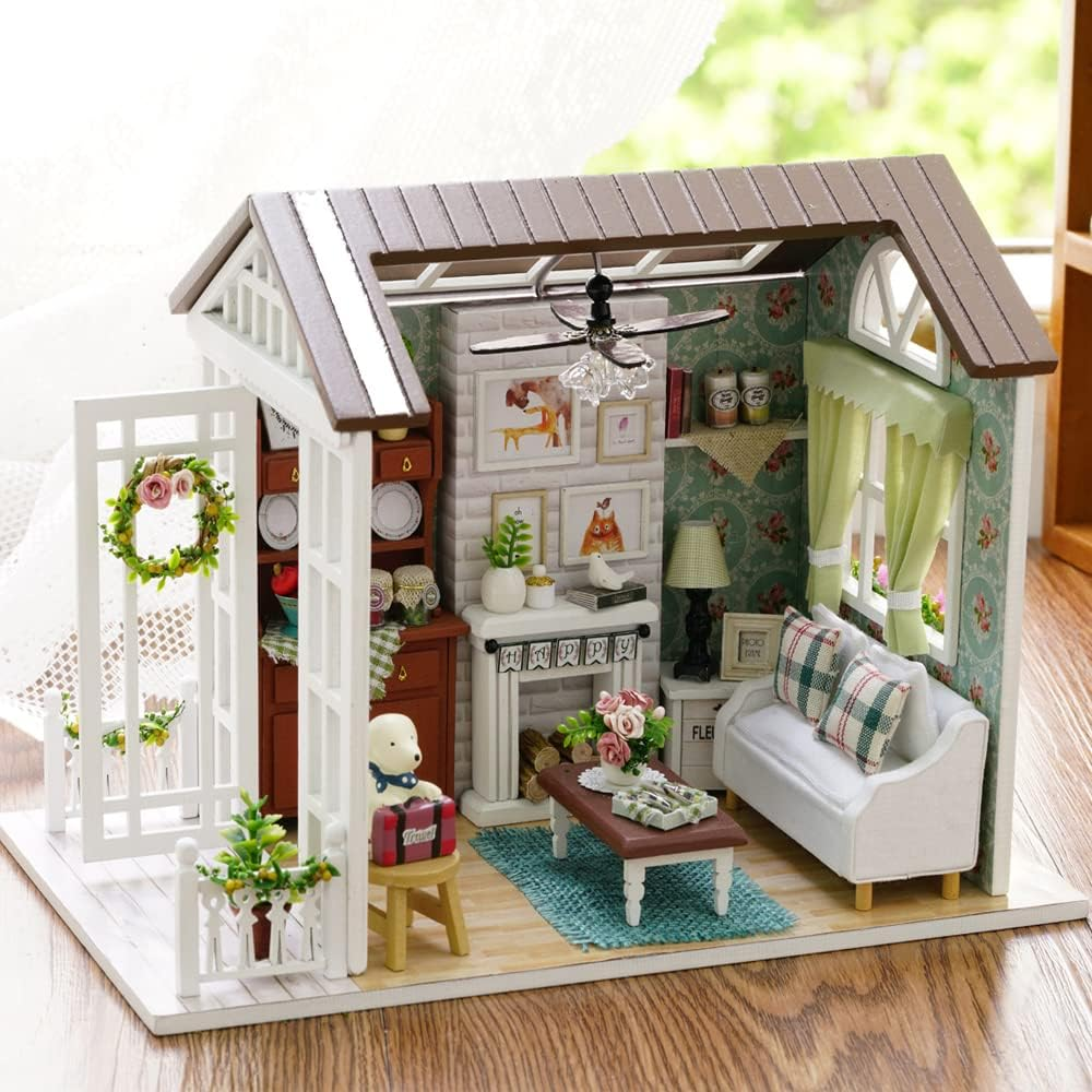 Tukiie DIY Miniature Dollhouse Kit, 1:24 Scale Wooden Mini Doll House Accessories with Furniture for Kids Teens Adults(Happy Times) image number 1