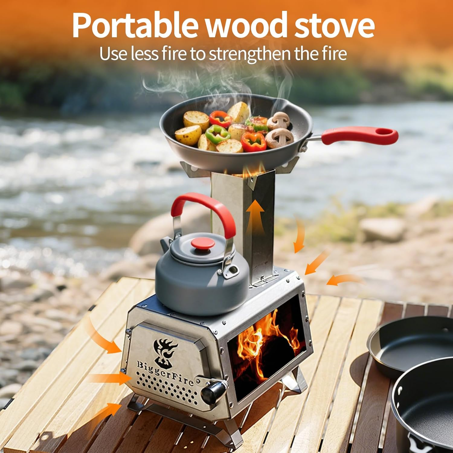 Biggerfire Rocket Stove Stainless Steel Countertop Mini Wood Stove Detachable Portable Wood Burning Stove with Chimney and Carrying Bag for Outdoor Cooking Coffee Making Warming Lighting Fire Watching image number 4
