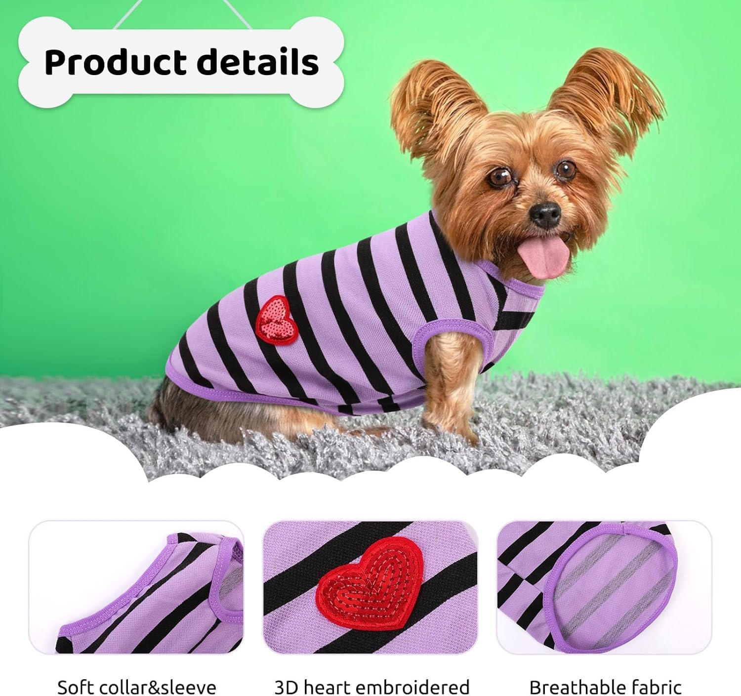 Dog Shirts for Dogs, Striped T-Shirts Pets Vest Pet Apparel Tee Shirts Dog Tank Top Spring Summer (Purple, M) image number 2