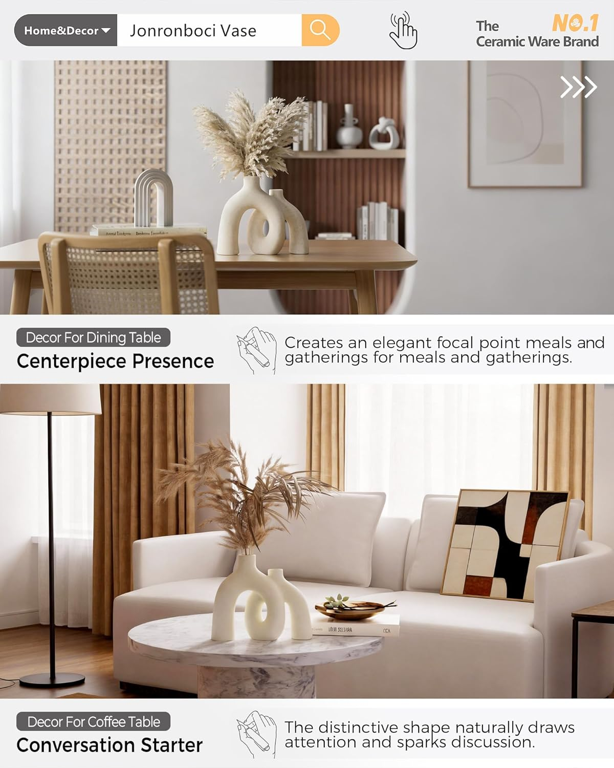 Hug Donut Decorative Vase Set - Modern Nordic Boho Style Vases Home Decor, Matte Ceramic Decorations for Living Room Shelf, Bookshelf Mantle Entryway Table or Console D&eacute;cor (Cream White) image number 1