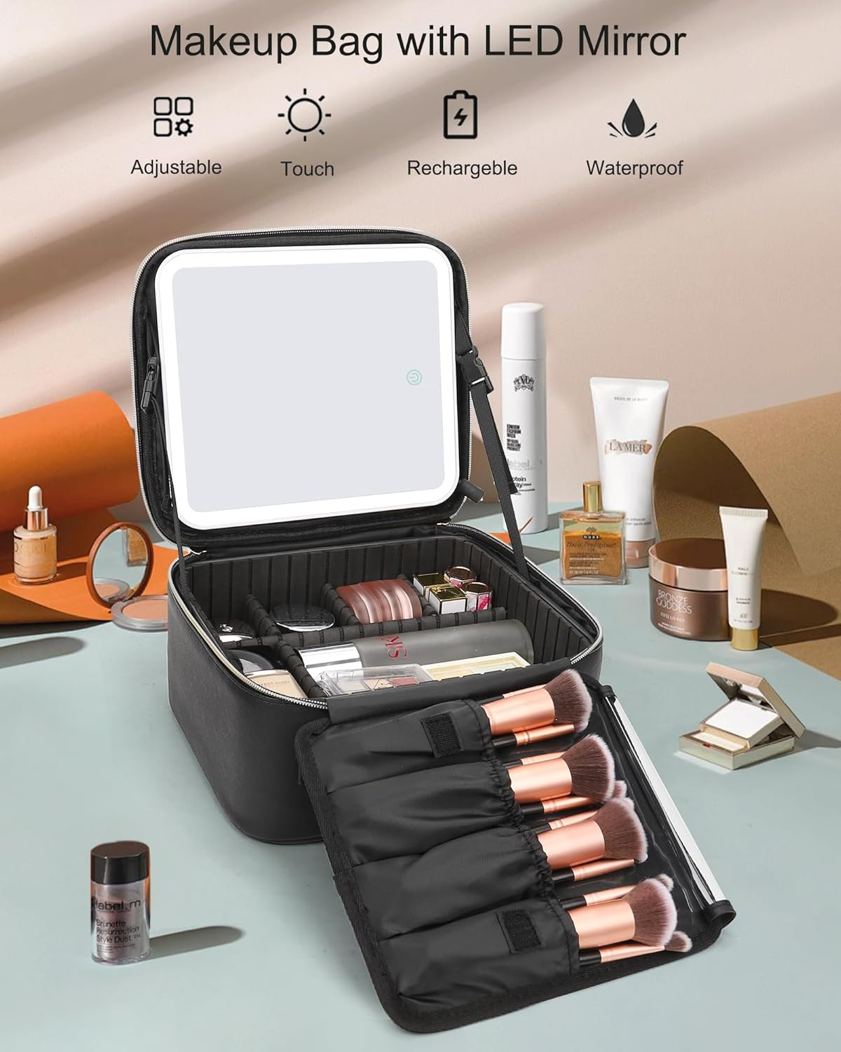Travel Makeup Bag with LED Mirror, Cosmetic Train Case with Light up Mirror, Portable Makeup Artist Organizer Bag with Adjustable Dividers, Makeup Brush Holder Storage, Black image number 3