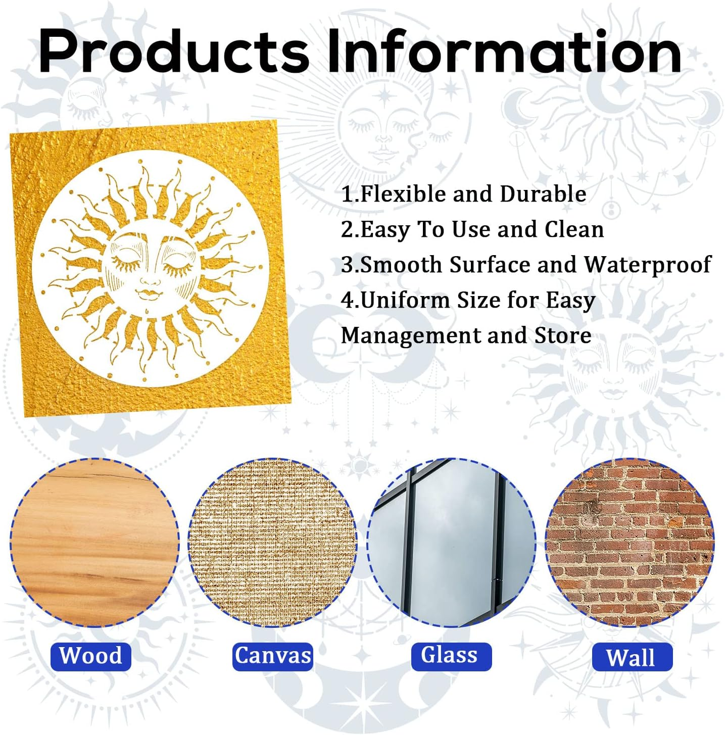 9Pcs Mandala Sun and Moon Stencil, Star Sun and Moon Stencils Reusable Mandala Sun Stencils Decoration Moon Template for Painting Crafts Wood Wall Furniture Home Decor image number 1