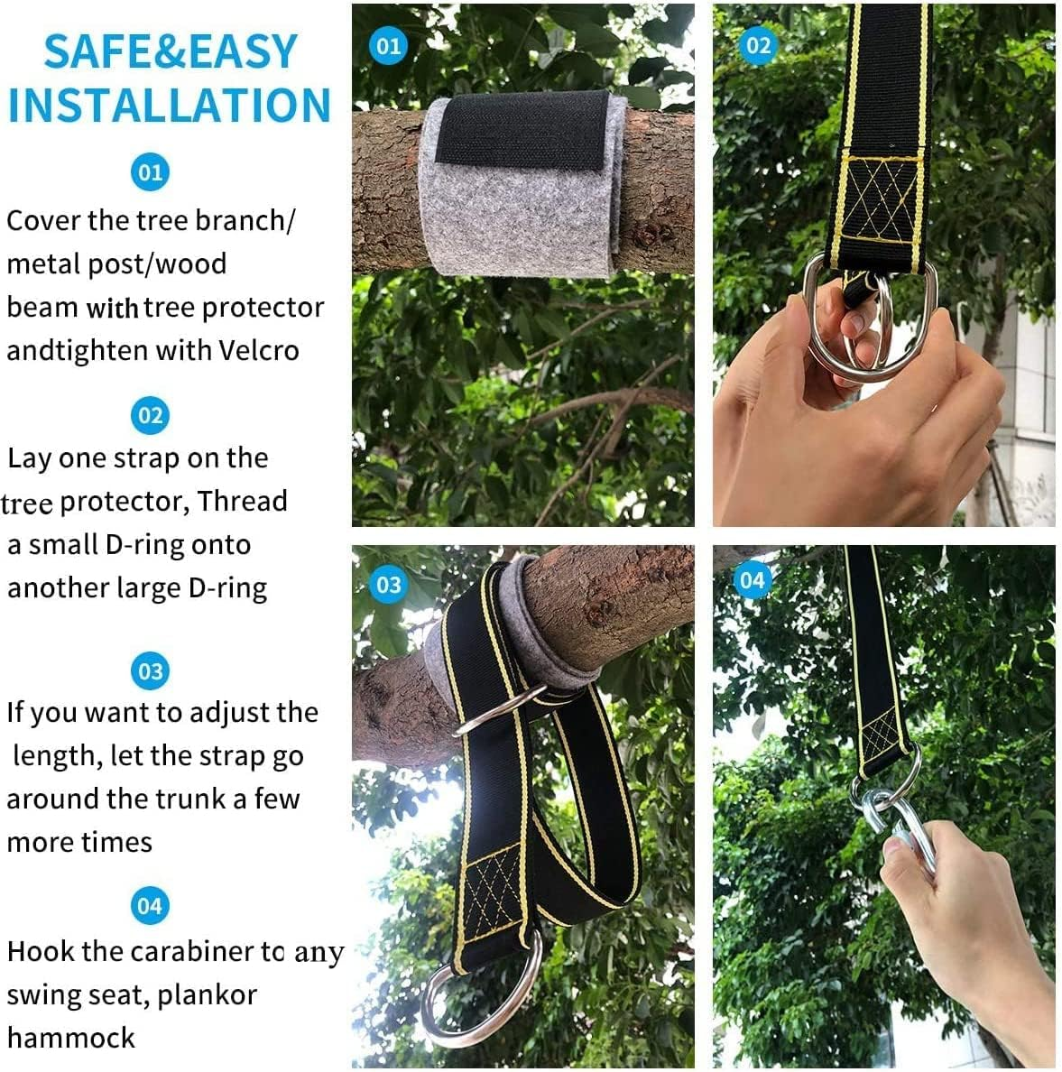 Tree Swing Hanging Straps Kit,Hammock Straps with Loops Set,Newly Upgraded Heavy Duty， Holds 2800 Lbs,5Ftx2Hammock Straps with 2 Locking Carabiners and 2 Tree Protectors,Carry Pouch Bag for Hammocks image number 5