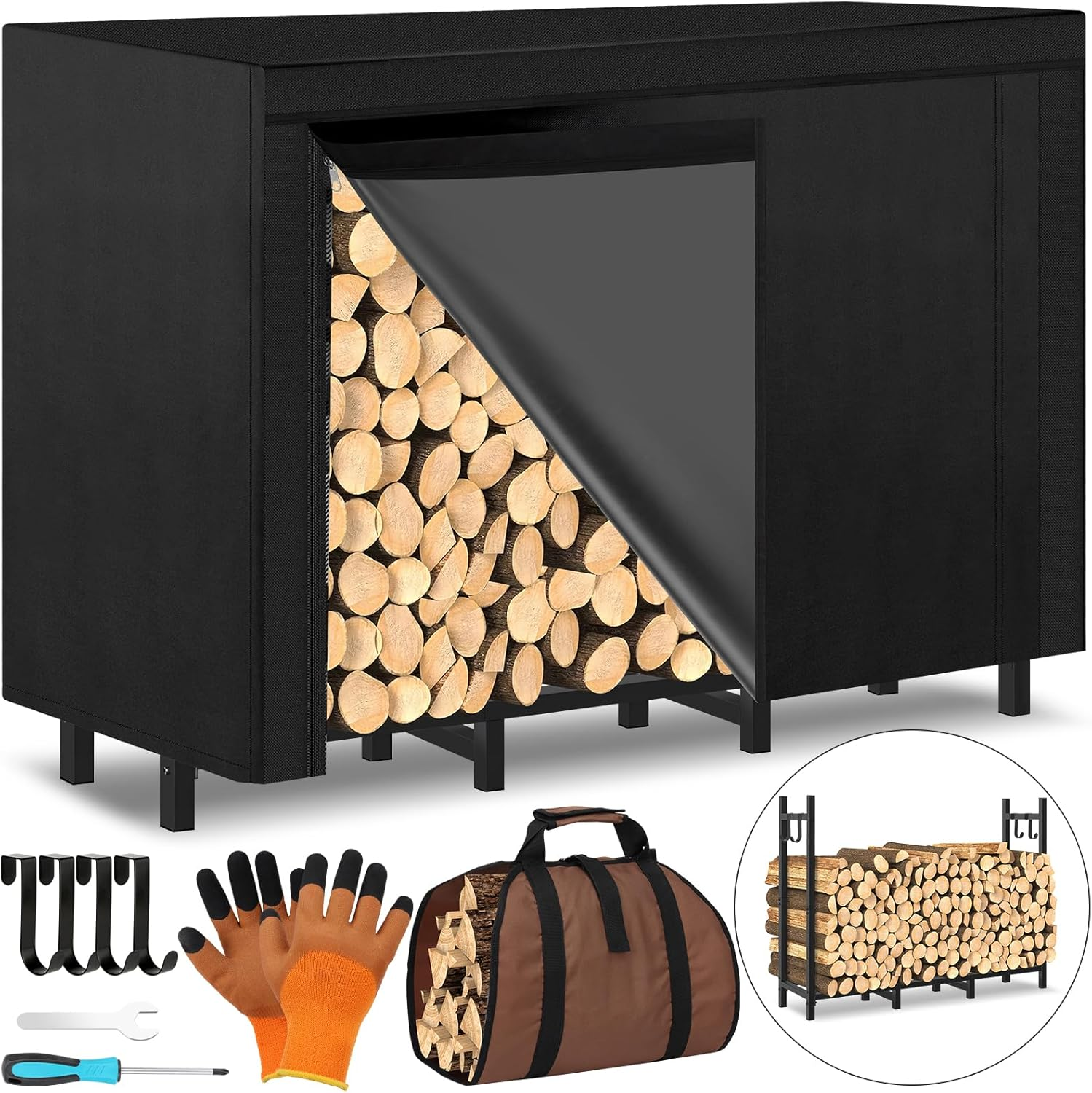 4FT Outdoor Firewood Rack, Wood Storage with 600D Waterproof Oxford Cover Heavy Duty 8 Legs Firewood Log Holder Indoor with Log Carrier, Gloves, and Kindling Hooks for Fireplace Patio Deck Wood Rack image number 2